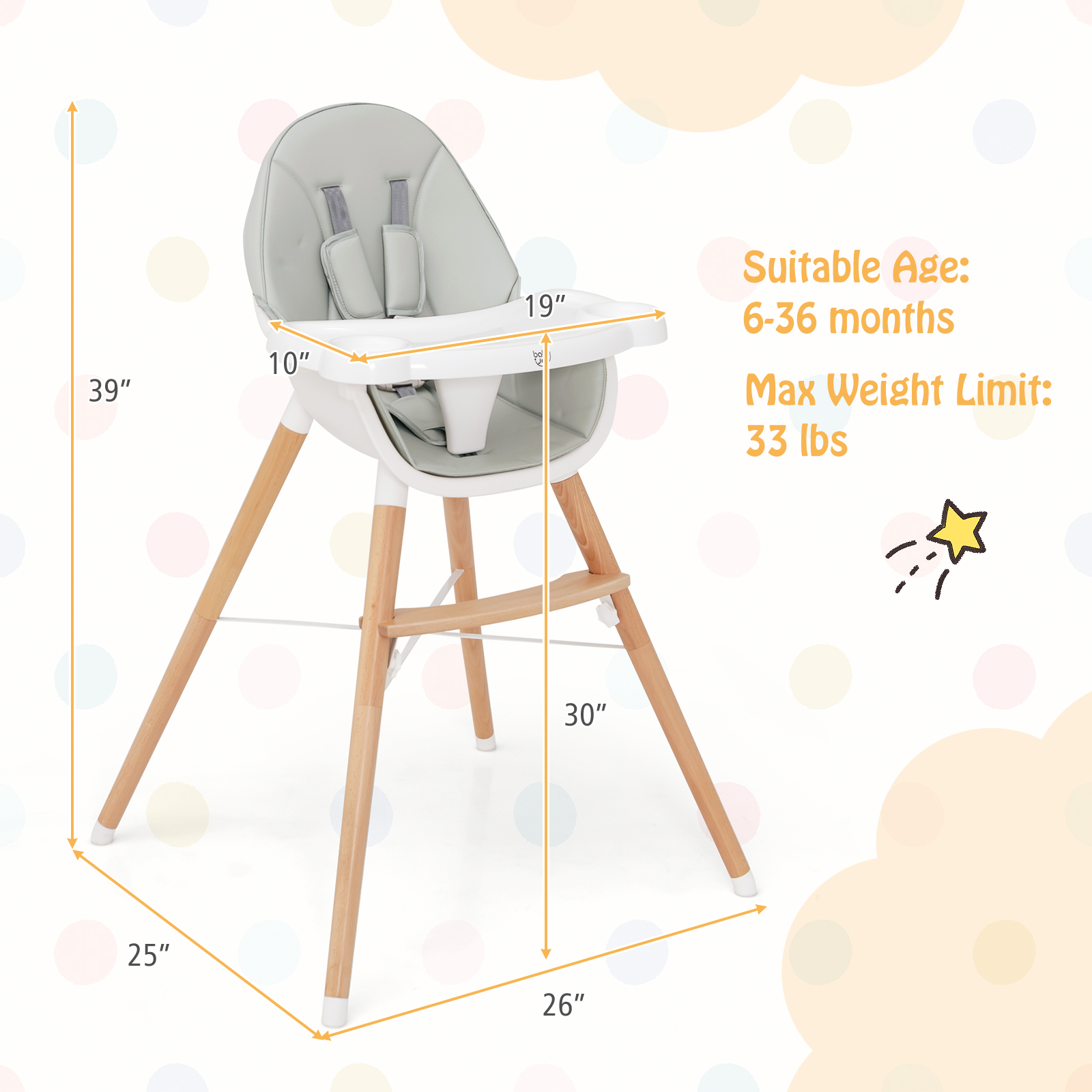 Baby High Chair Wooden Feeding Chair w/ 4-Gear Tray & Removable Cushion - Picture 10 of 16