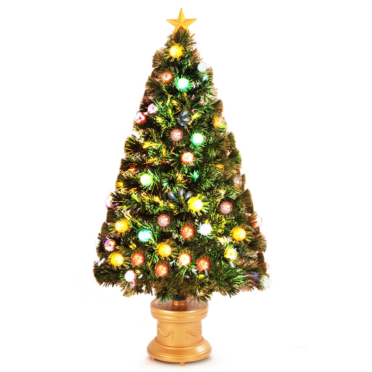 4Ft PreLit Fiber Optical Firework Christmas Tree w/ Ornaments & Gold