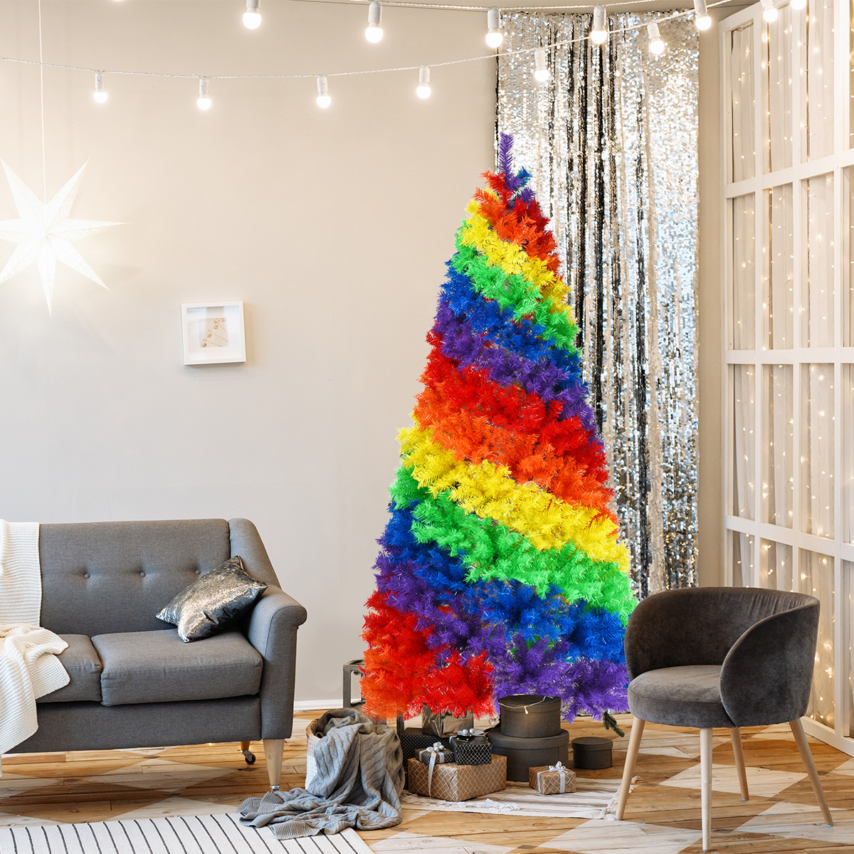 Costway+7ft+Artificial+Hinged+Colorful+Rainbow+Full+Fir+Christmas+Tree