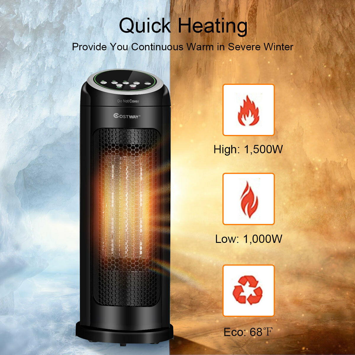 Portable Oscillating PTC Ceramic Space Heater 1500W LED 12H Timer Remote Control - Bild 6 von 12