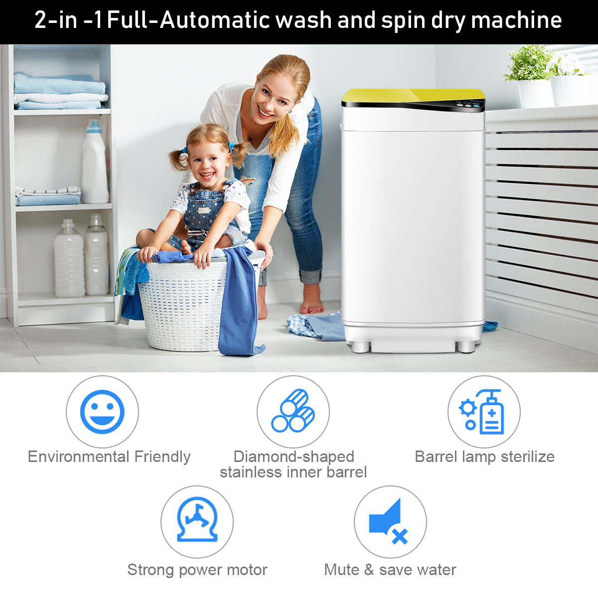 Full-Automatic Washing Machine Portable Washer 7.7 lbs Spinner Yellow - Picture 6 of 8