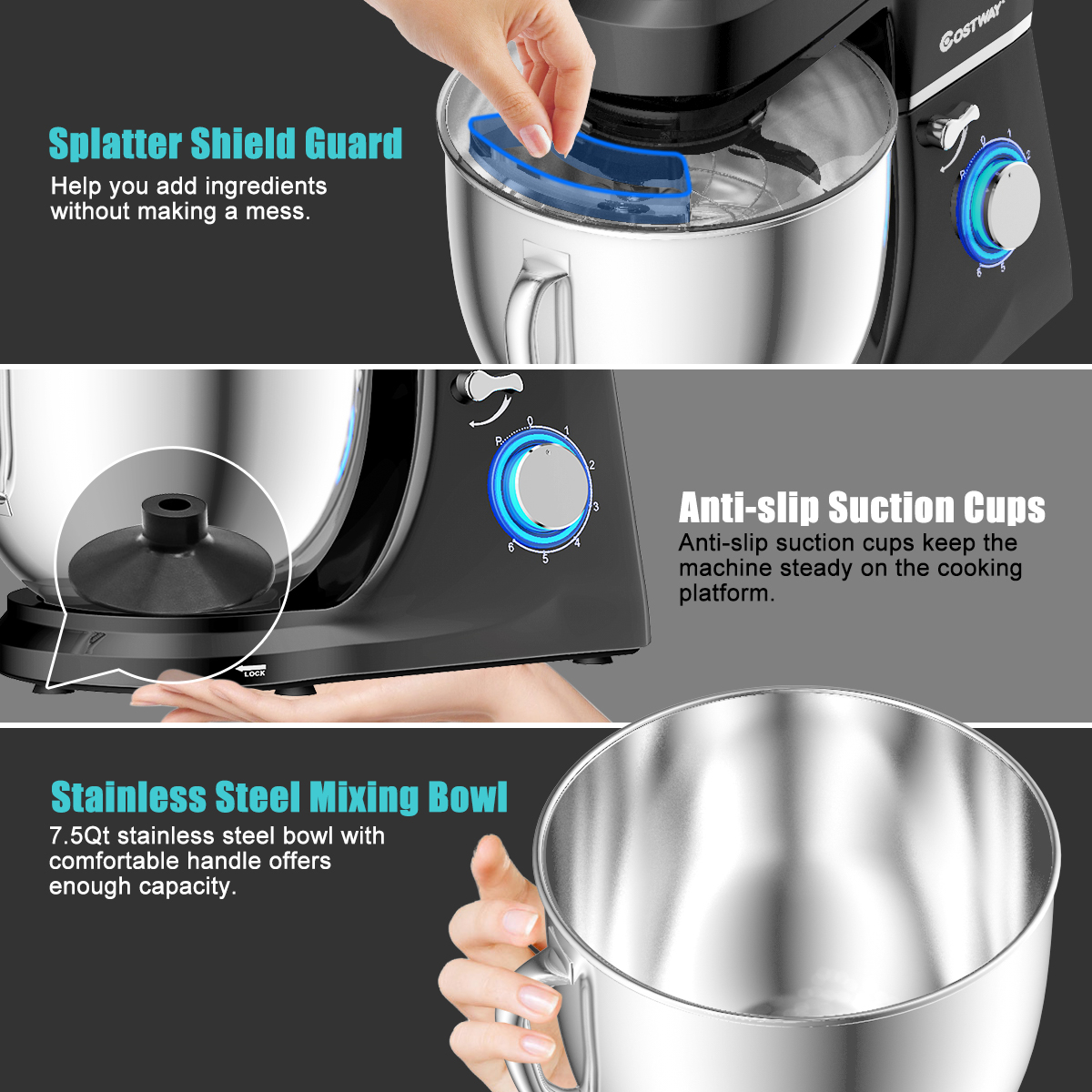 Tilt-Head Stand Mixer 7.5-Quart 660W 6-Speed Electric Stainless Steel Bowl Black - Bild 7 von 8