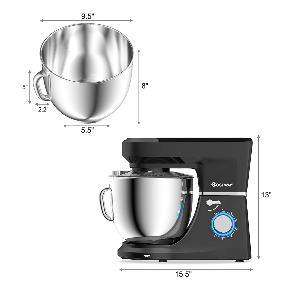 Tilt-Head Stand Mixer 7.5-Quart 660W 6-Speed Electric Stainless Steel Bowl Black - Bild 2 von 8