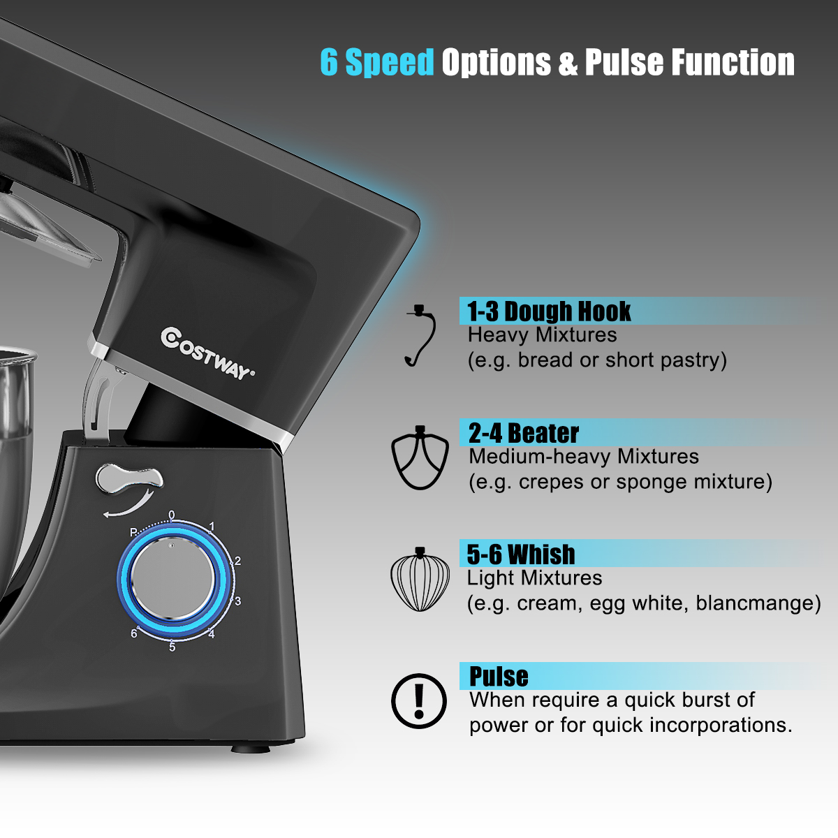 Tilt-Head Stand Mixer 7.5-Quart 660W 6-Speed Electric Stainless Steel Bowl Black - Bild 4 von 8