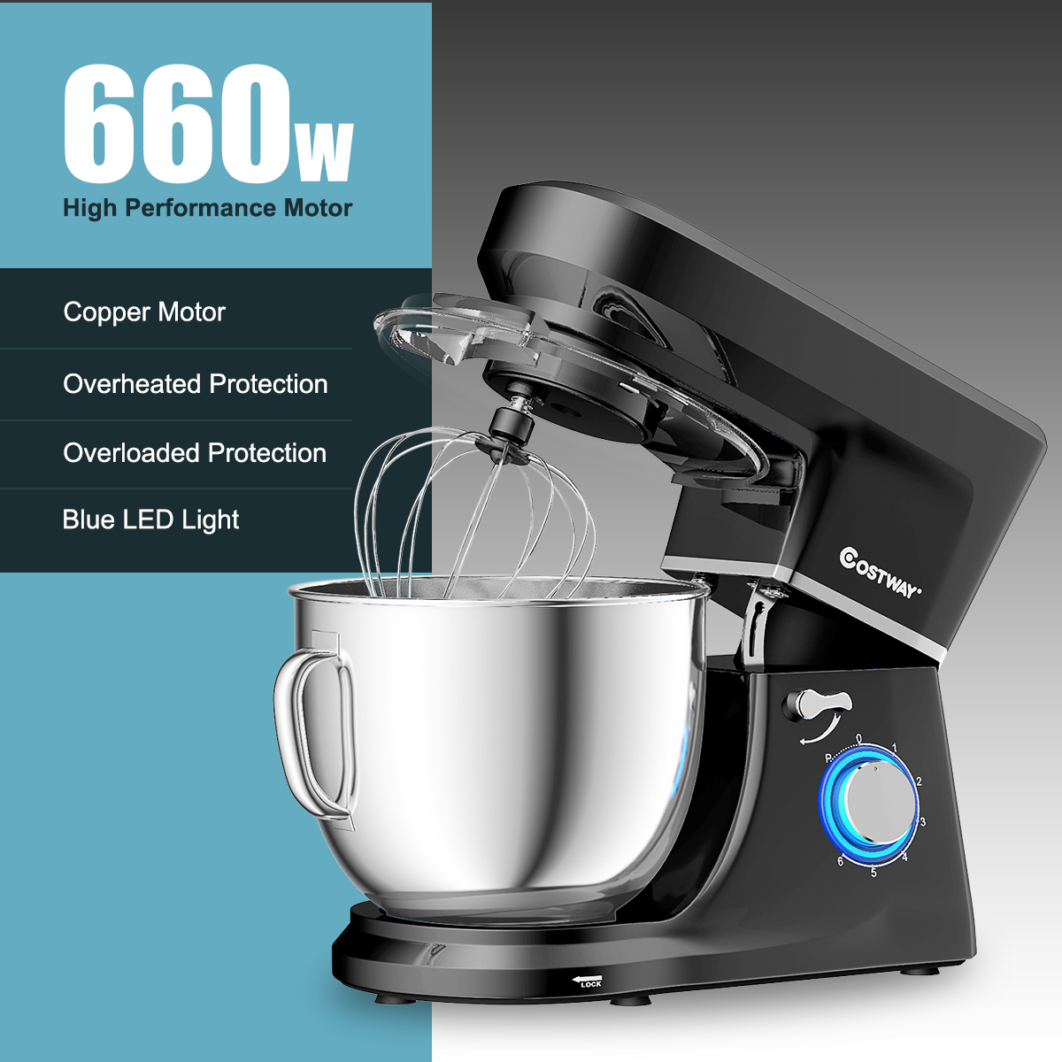 Tilt-Head Stand Mixer 7.5-Quart 660W 6-Speed Electric Stainless Steel Bowl Black - Bild 6 von 8