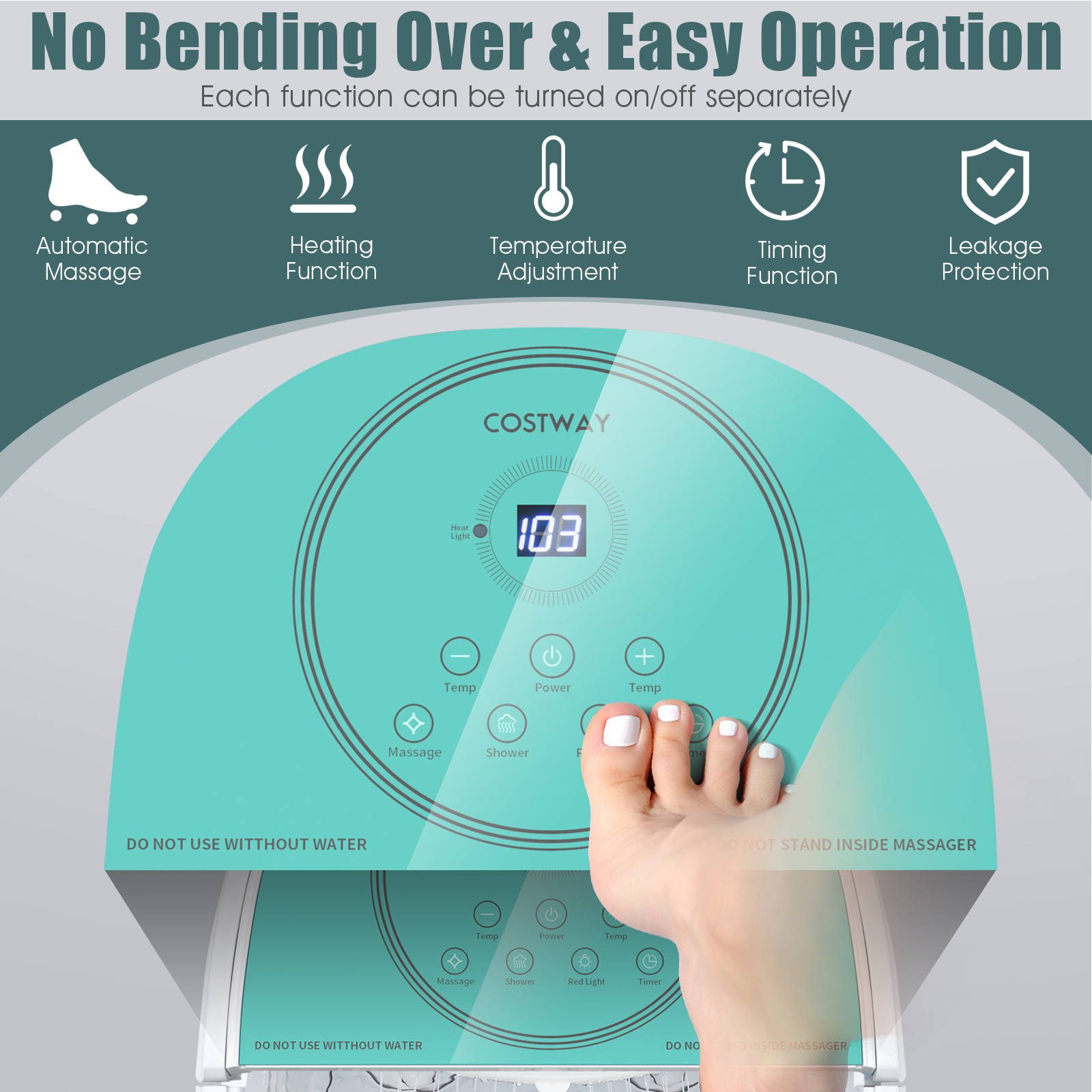 Masajeador de baño Costway Foot Spa con ducha de 2 ángulos y rodillos motorizados verde - Imagen 7 de 12