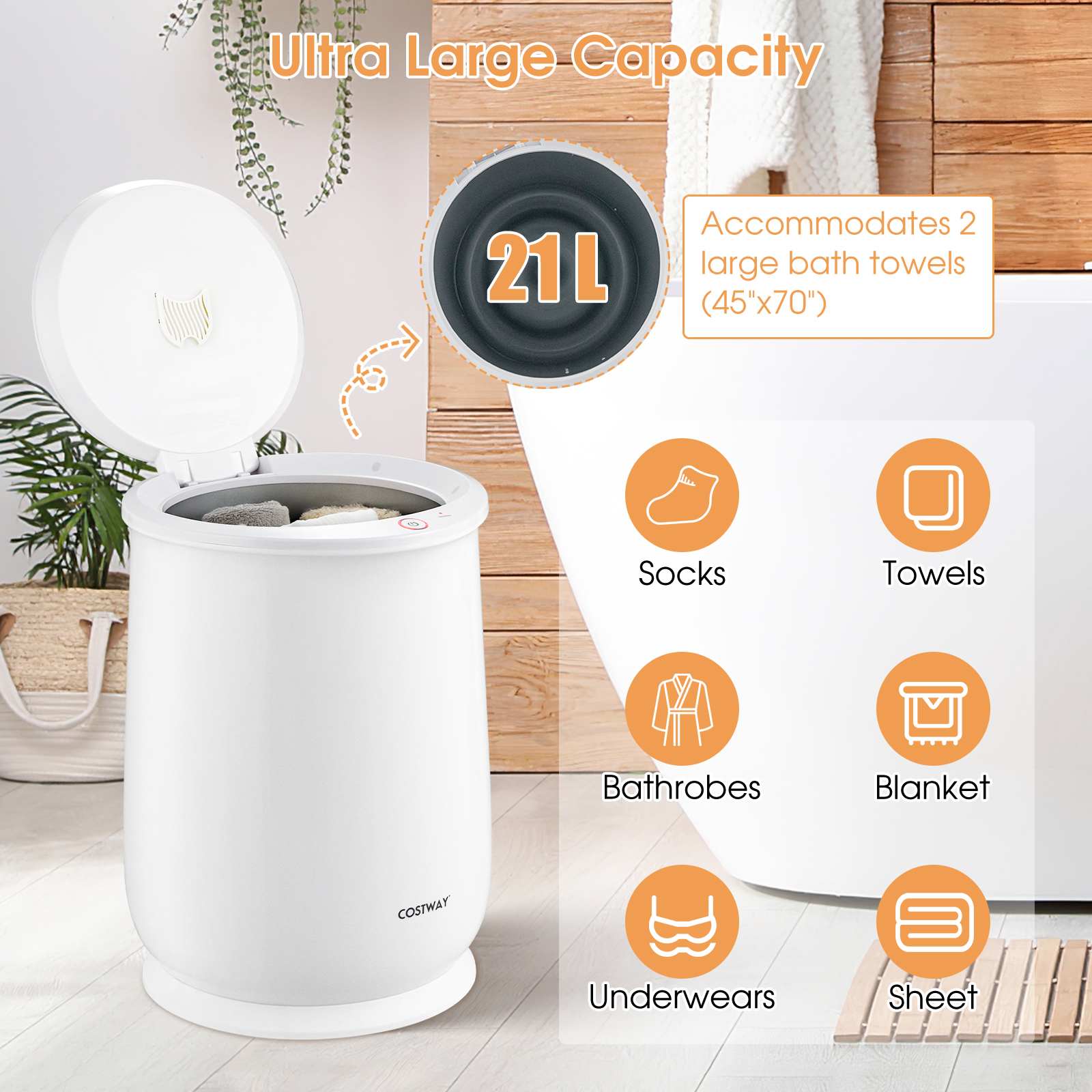 Costway 21L One-Button Control Towel Warmer w/ Auto Shut Off Pattern White
