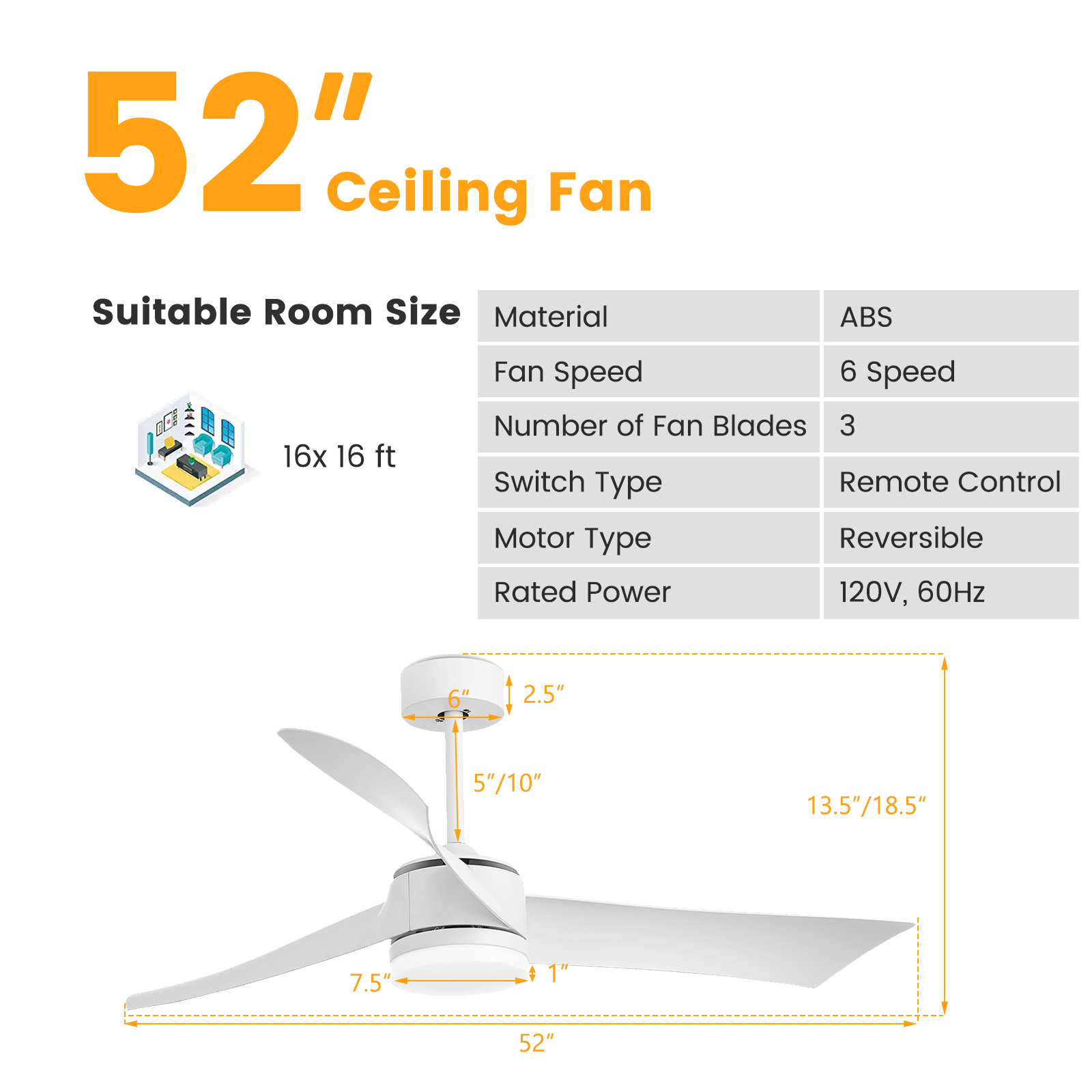 52" Reversible Ceiling Fan w/ Energy-Saving LED Light & 6-Level Speeds White - Picture 9 of 9