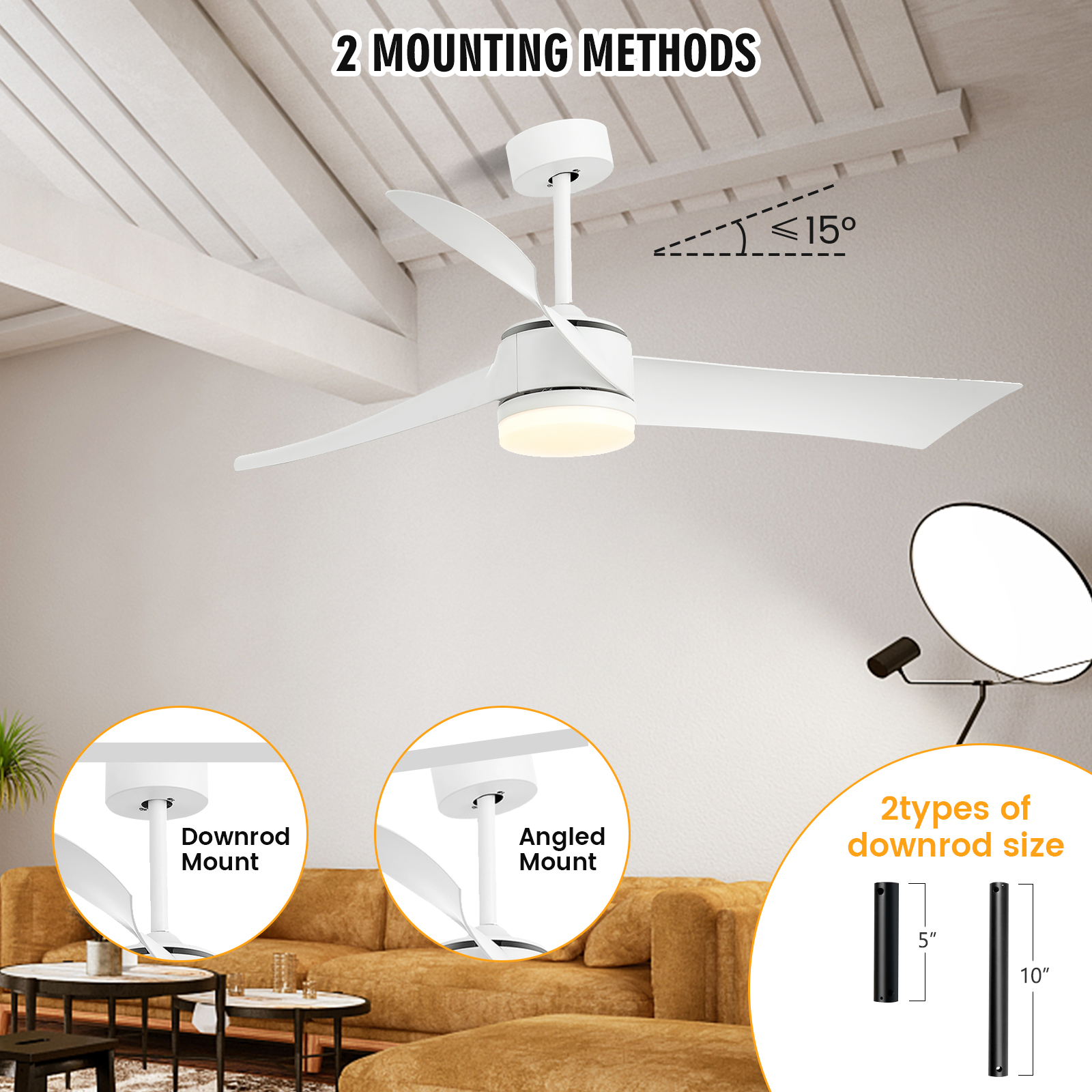 52" Reversible Ceiling Fan w/ Energy-Saving LED Light & 6-Level Speeds White - Picture 7 of 9