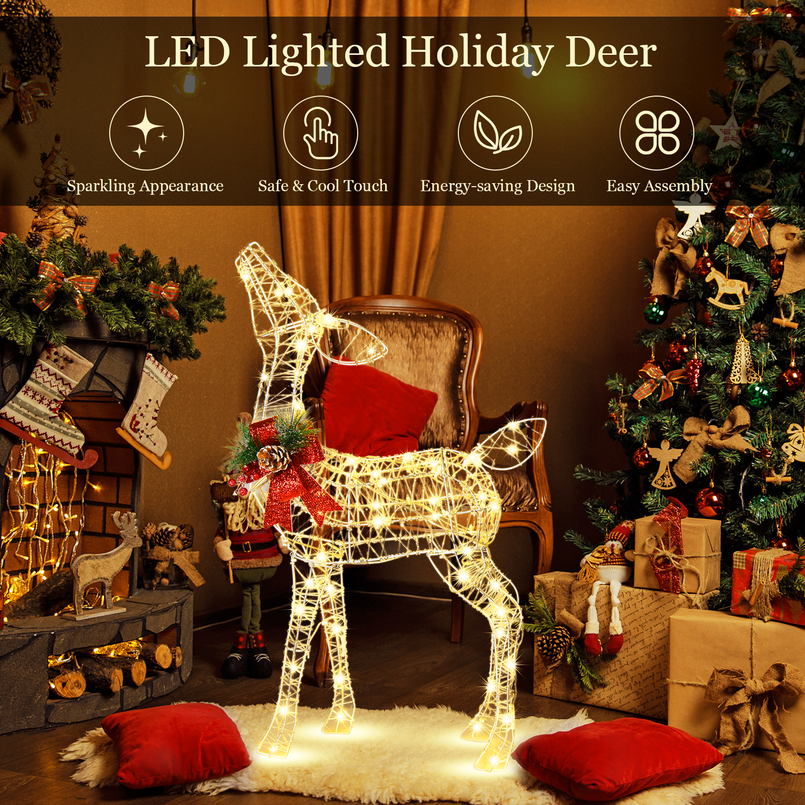 Pre-iluminado Navidad Vacaciones Reno Pequeño Patio Reno Decoración con 50 LED - Imagen 6 de 6