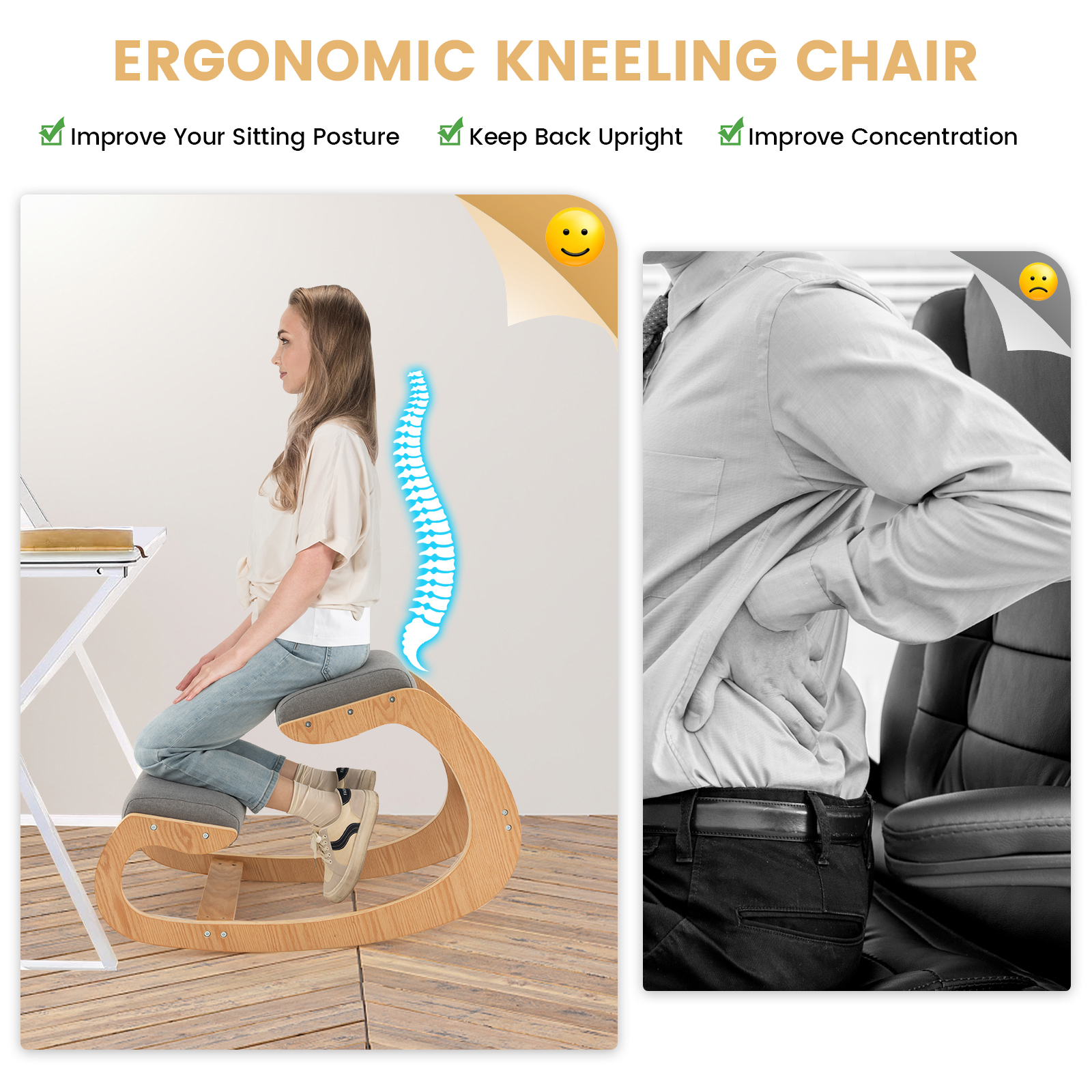 Ergonomic Kneeling Chair Wood Rocking Posture Stool w/ Cushion Back Neck