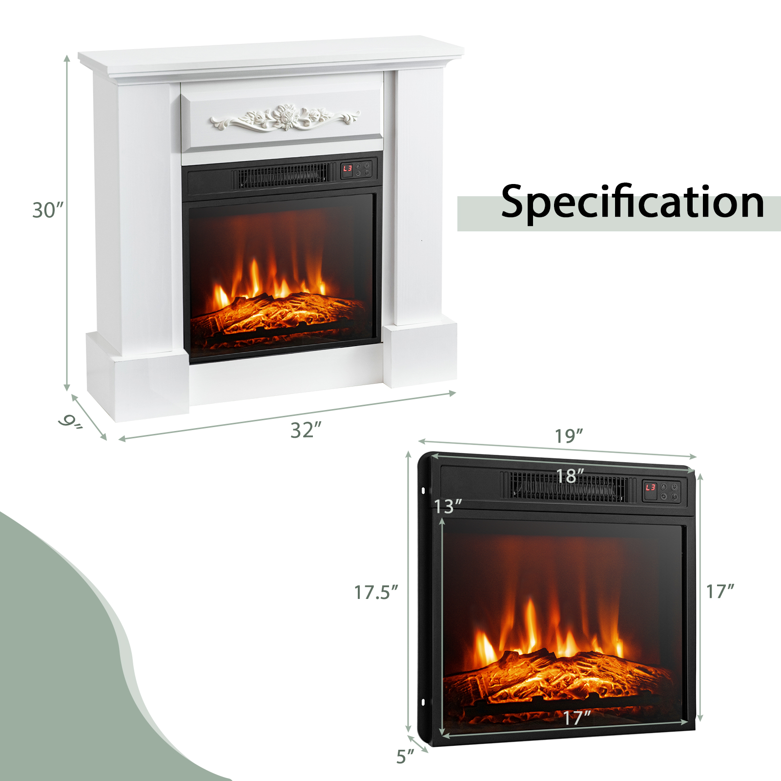 32" Heater Electric Fireplace Mantel TV Stand Space w/Remote Control 1400W - Picture 9 of 14
