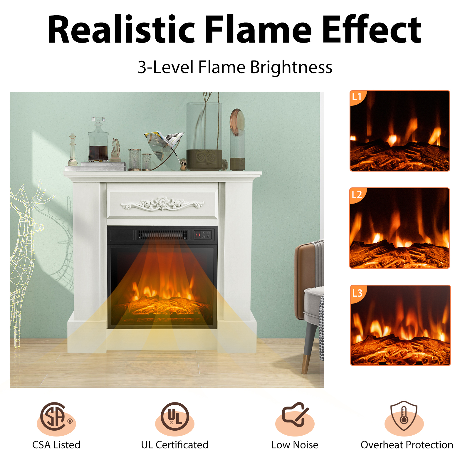 32" Heater Electric Fireplace Mantel TV Stand Space w/Remote Control 1400W - Picture 10 of 14