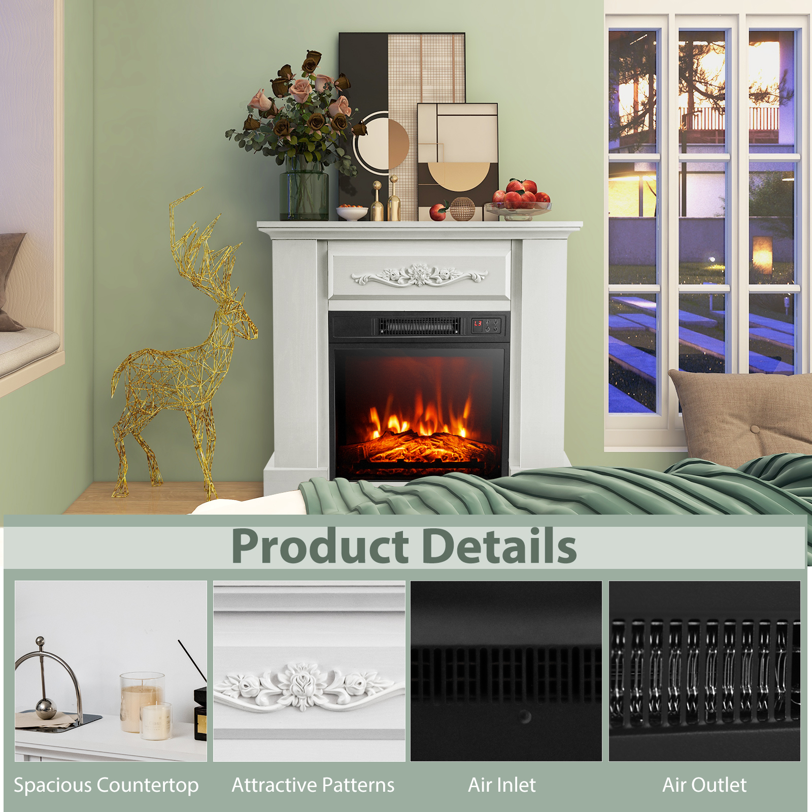 32" Heater Electric Fireplace Mantel TV Stand Space w/Remote Control 1400W - Picture 13 of 14