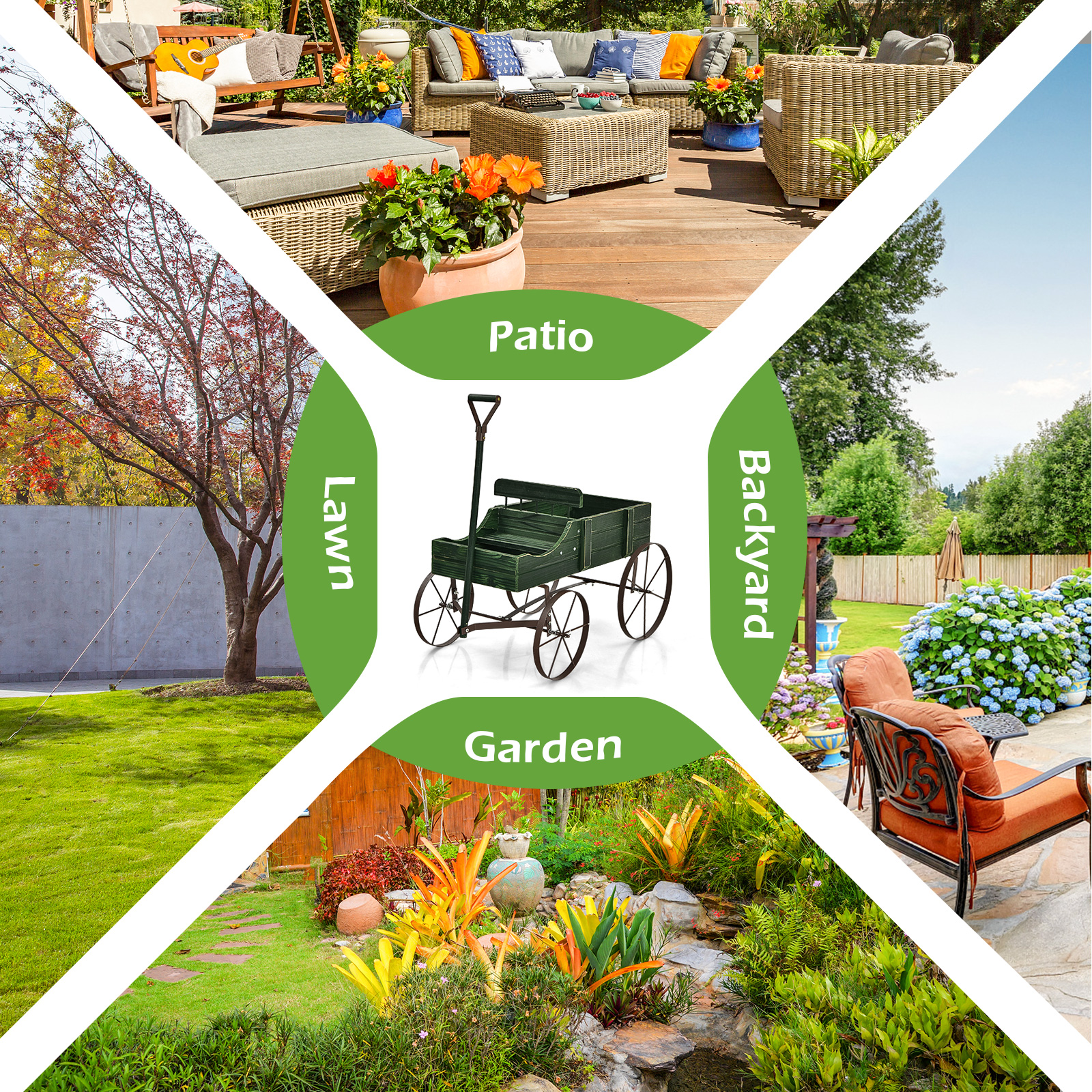 Wooden Garden Flower Planter Wagon Plant Bed W/ Wheel Garden Yard - Picture 26 of 46