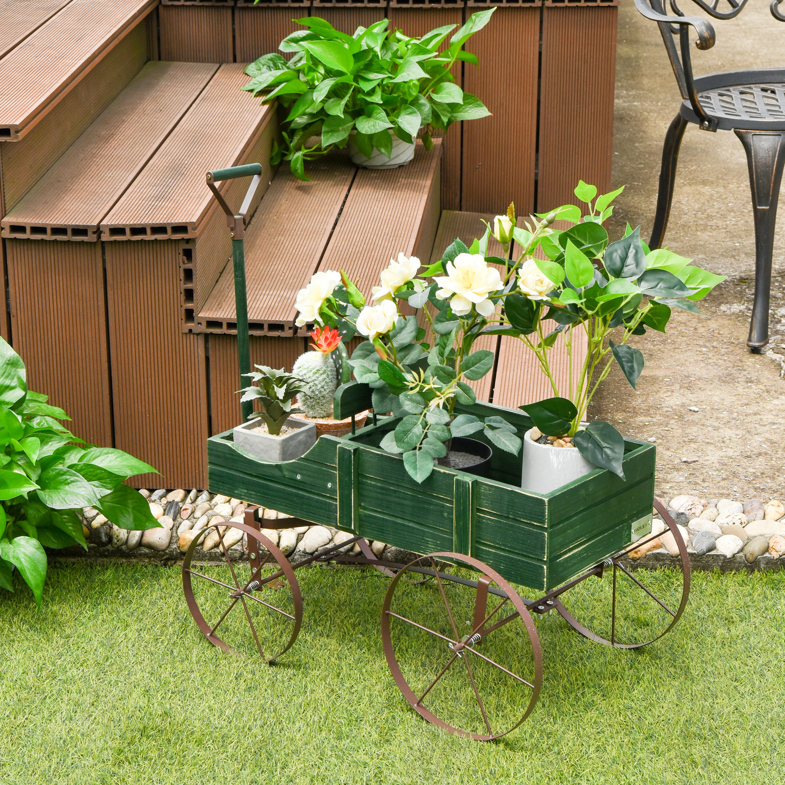 Wooden Garden Flower Planter Wagon Plant Bed W/ Wheel Garden Yard - Picture 24 of 46