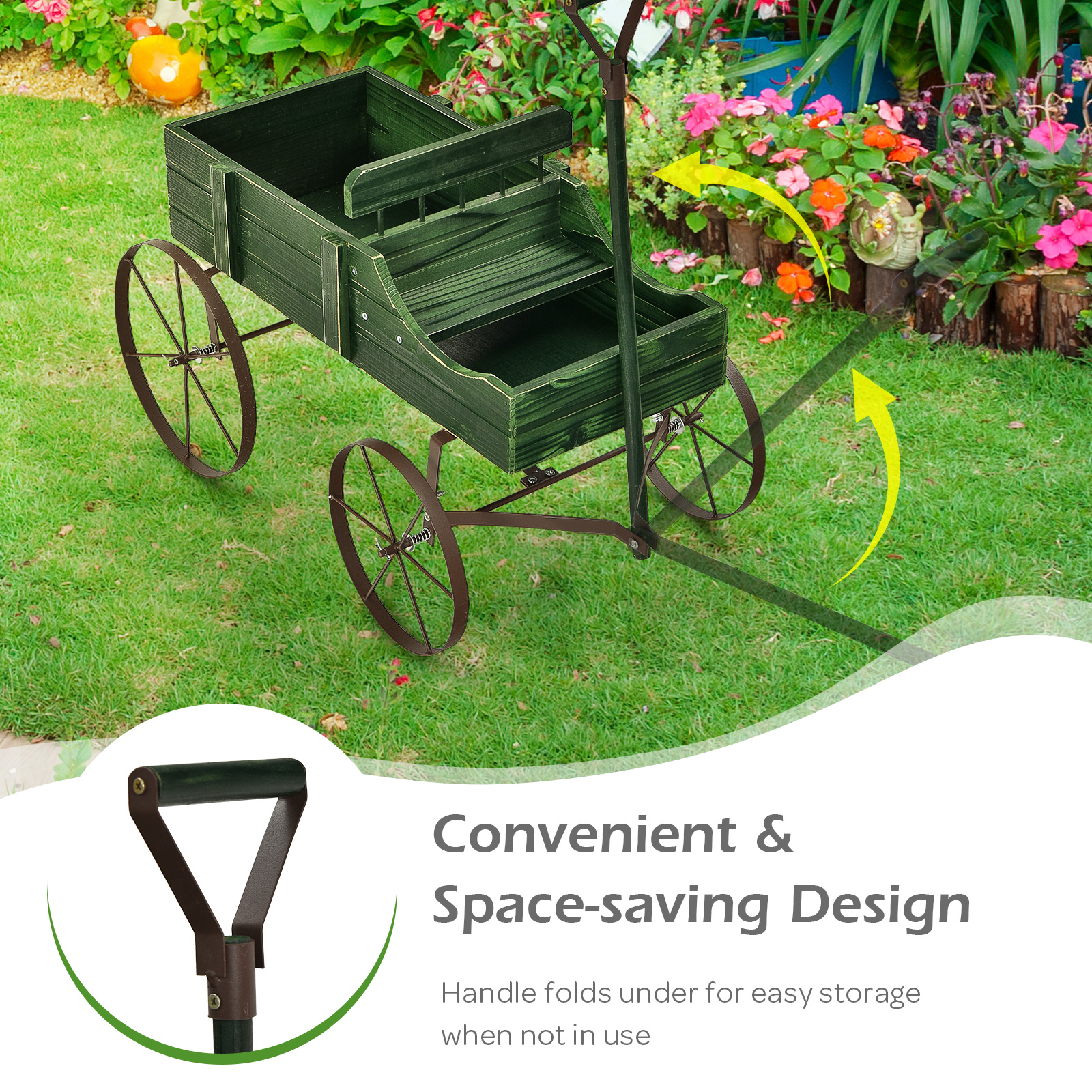 Wooden Garden Flower Planter Wagon Plant Bed W/ Wheel Garden Yard - Picture 29 of 46