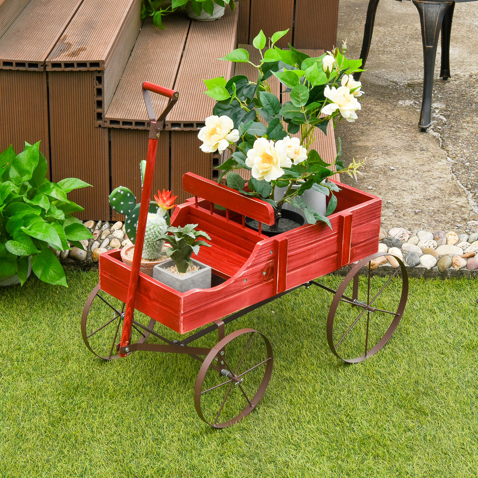 Wooden Garden Flower Planter Wagon Plant Bed W/ Wheel Garden Yard - Picture 36 of 46