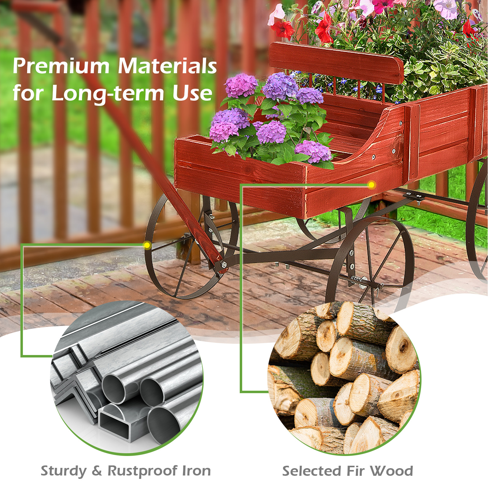 Wooden Garden Flower Planter Wagon Plant Bed W/ Wheel Garden Yard - Picture 39 of 46