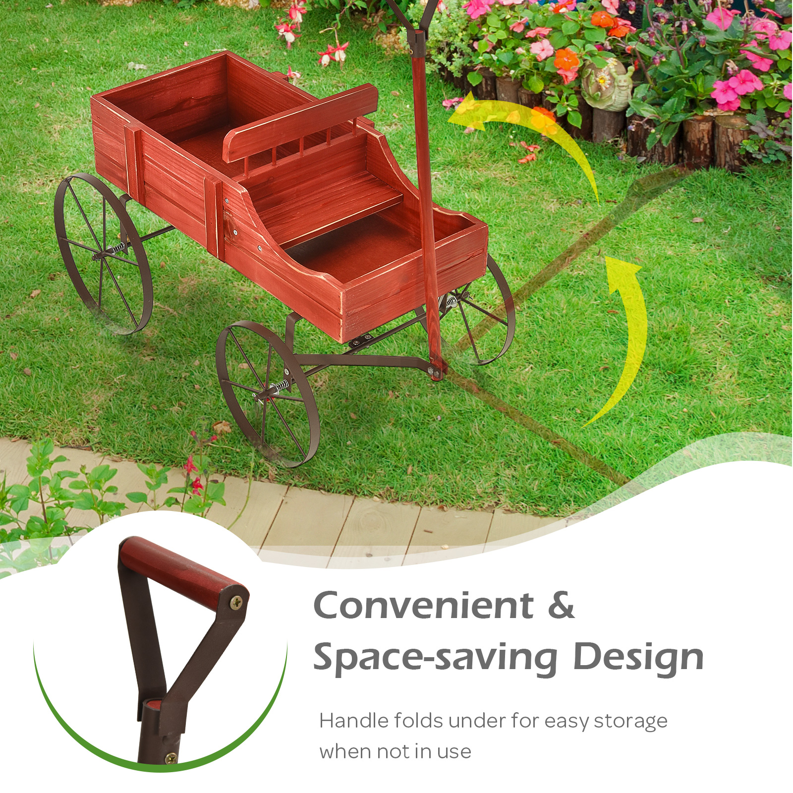 Wooden Garden Flower Planter Wagon Plant Bed W/ Wheel Garden Yard - Picture 41 of 46