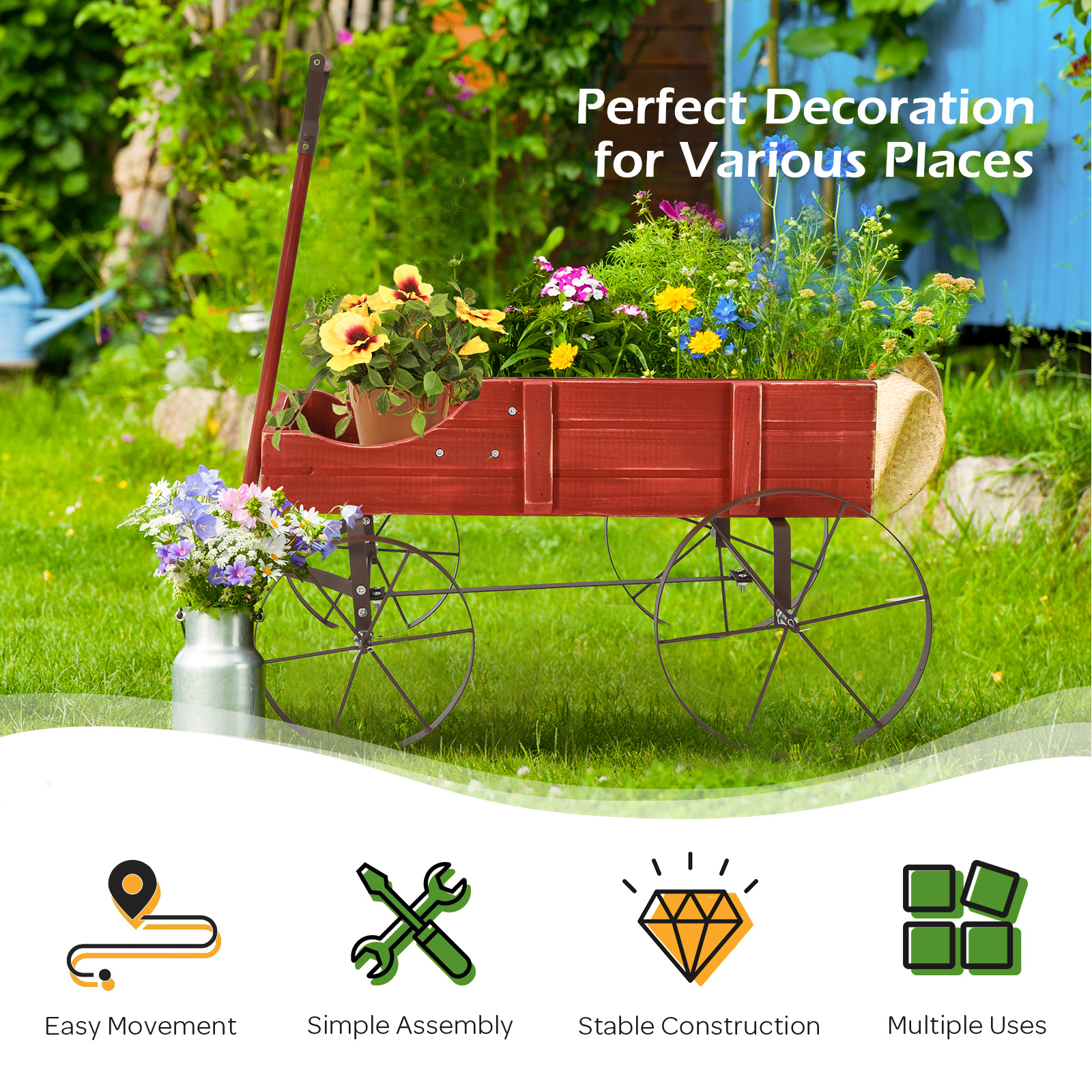 Wooden Garden Flower Planter Wagon Plant Bed W/ Wheel Garden Yard - Picture 43 of 46