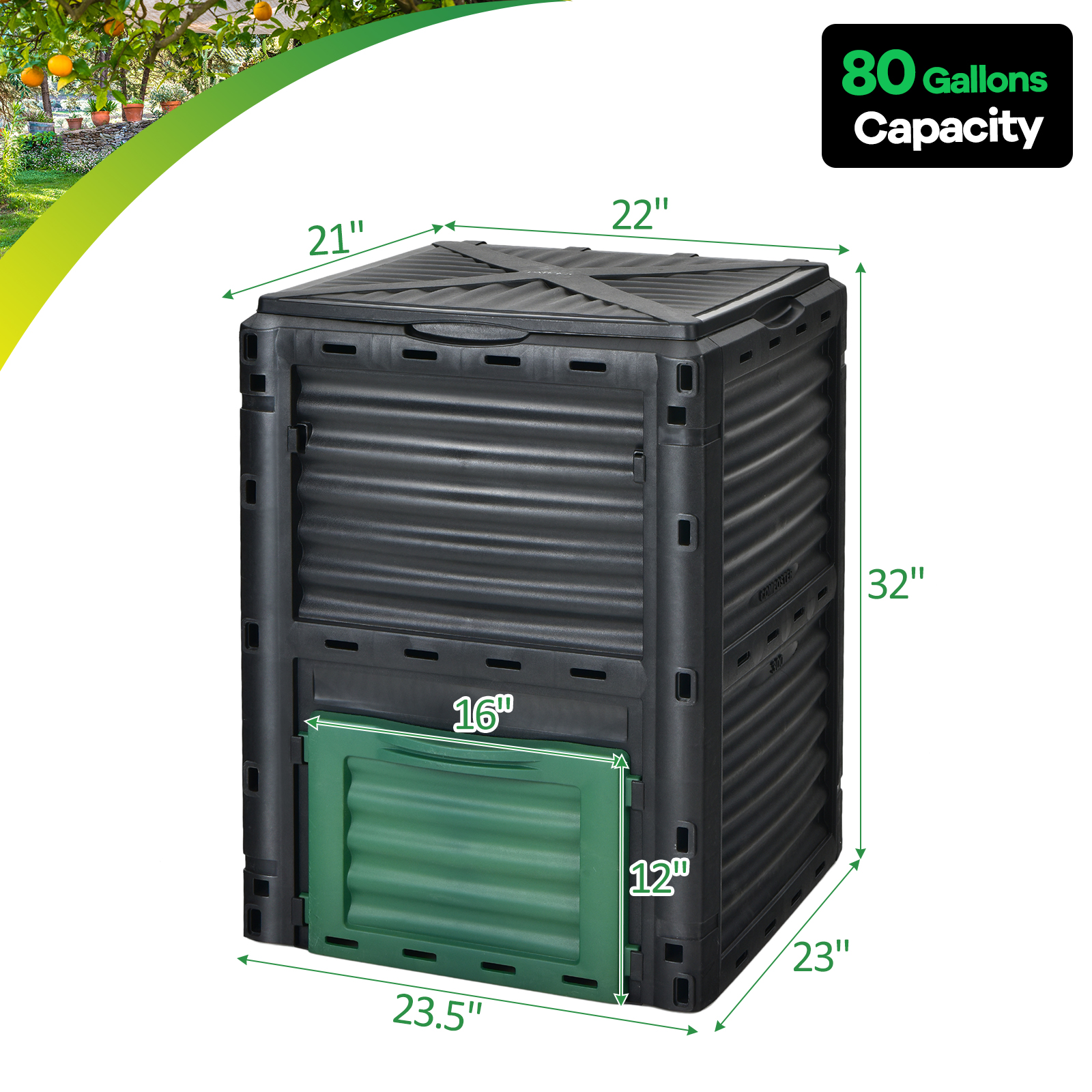 80-Gallon Outdoor Composter W/ Large Openable Lid & Bottom Exit Door
