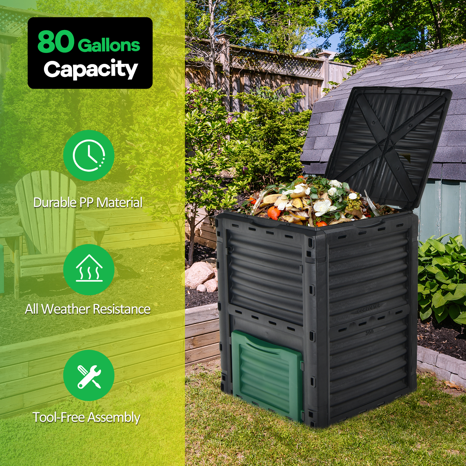 80-Gallon Outdoor Composter W/ Large Openable Lid & Bottom Exit Door