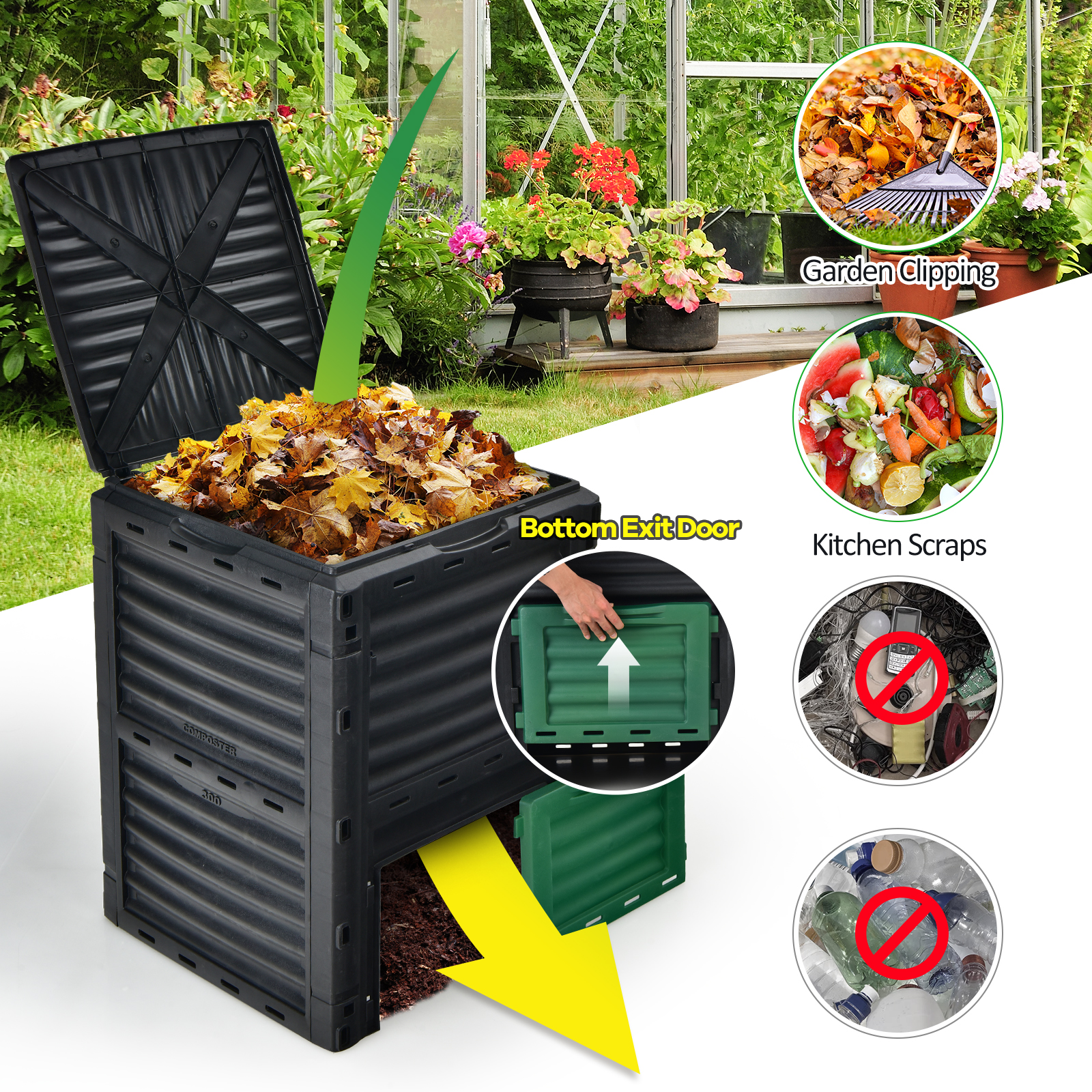 80-Gallon Outdoor Composter W/ Large Openable Lid & Bottom Exit Door