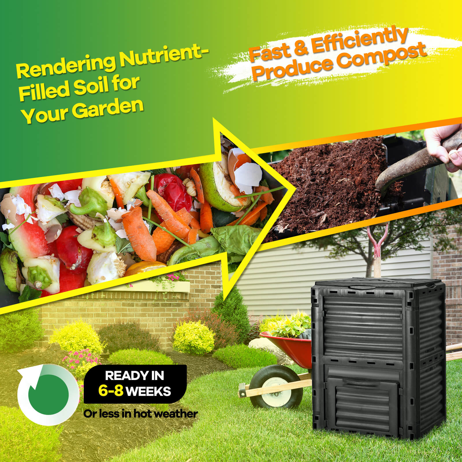 80-Gallon Outdoor Composter W/ Large Openable Lid & Bottom Exit Door