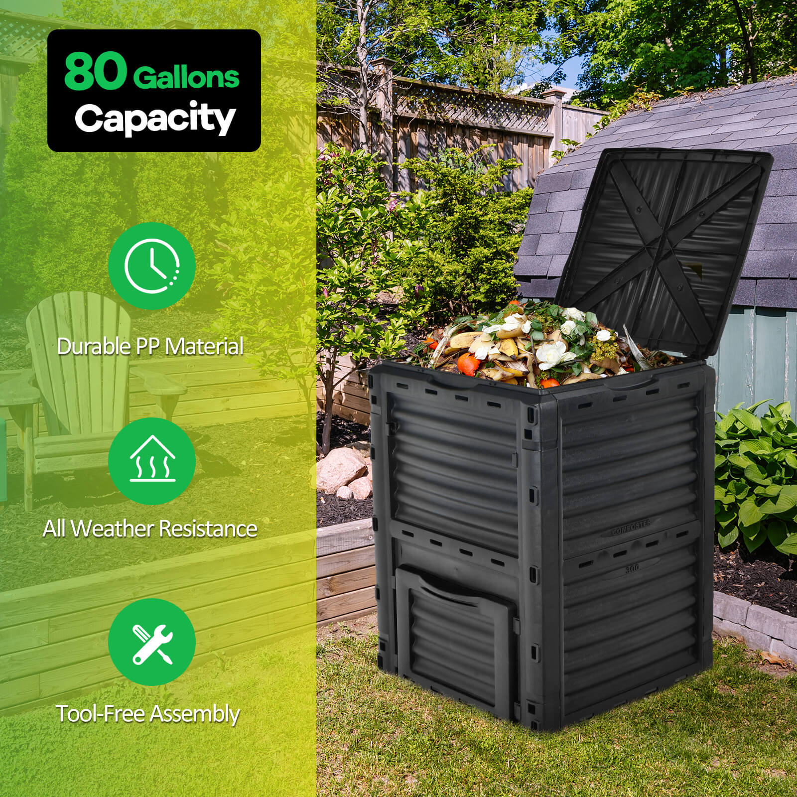 80-Gallon Outdoor Composter W/ Large Openable Lid & Bottom Exit Door