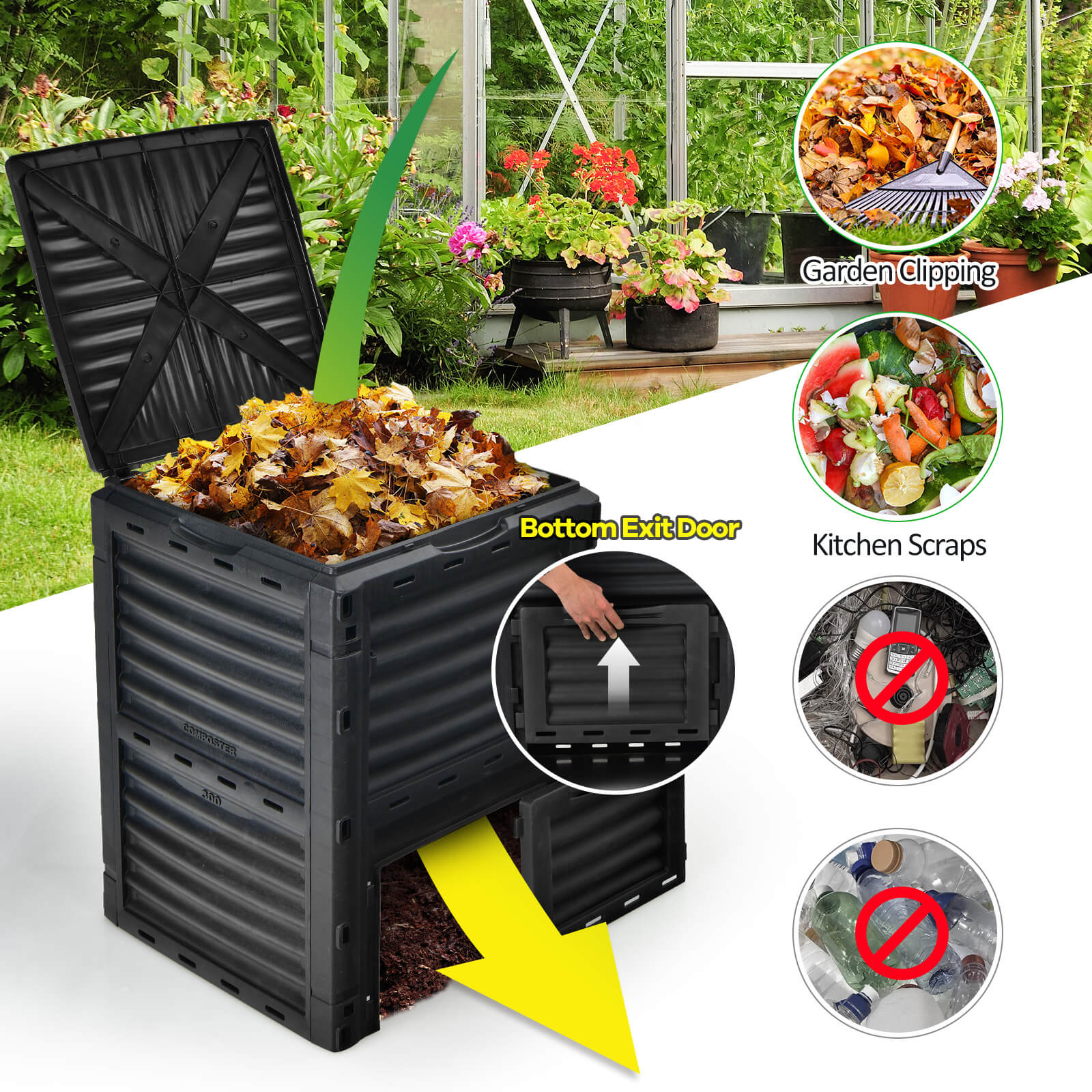 80-Gallon Outdoor Composter W/ Large Openable Lid & Bottom Exit Door
