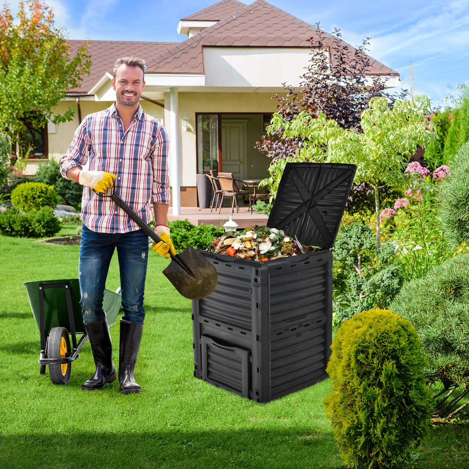 80-Gallon Outdoor Composter W/ Large Openable Lid & Bottom Exit Door
