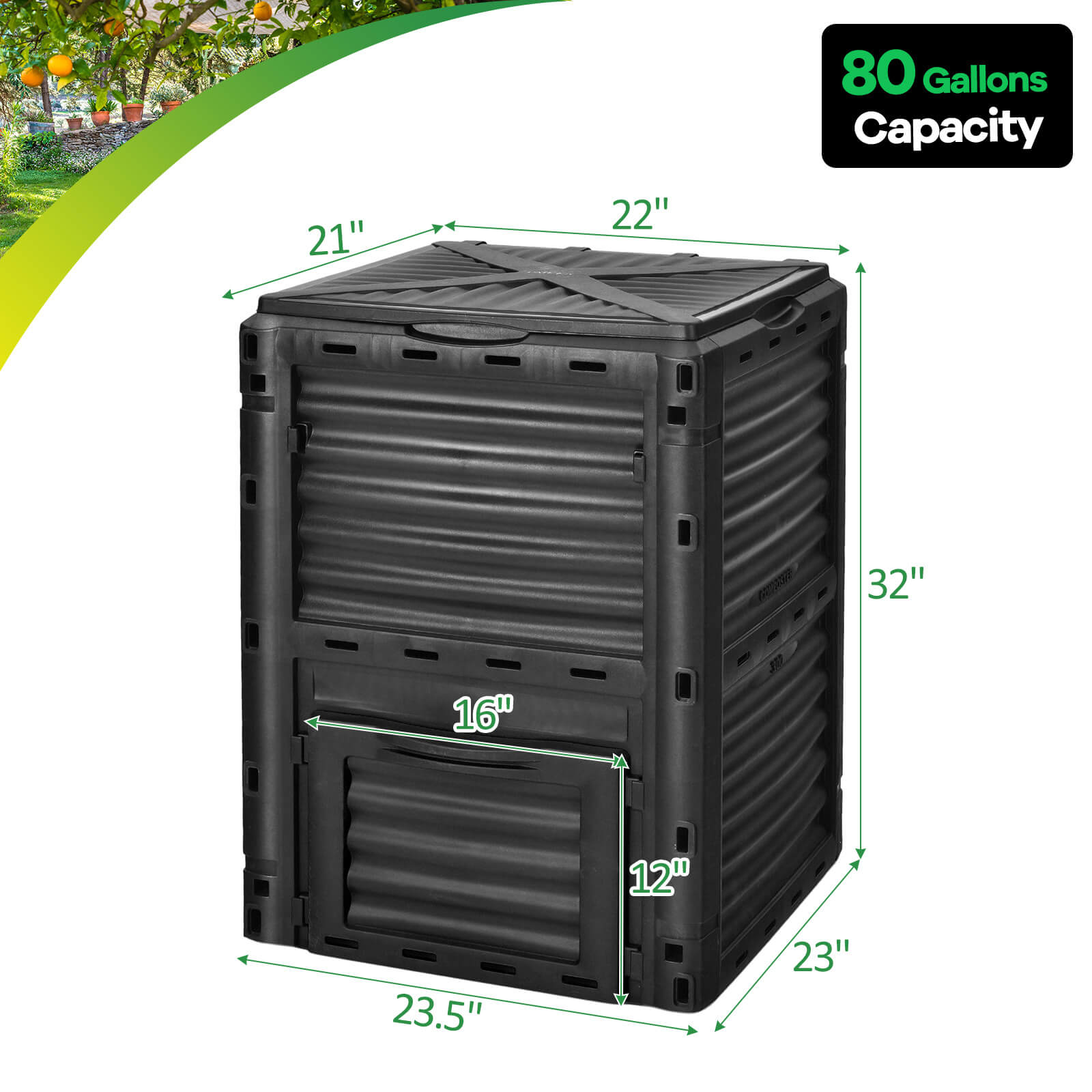 80-Gallon Outdoor Composter W/ Large Openable Lid & Bottom Exit Door