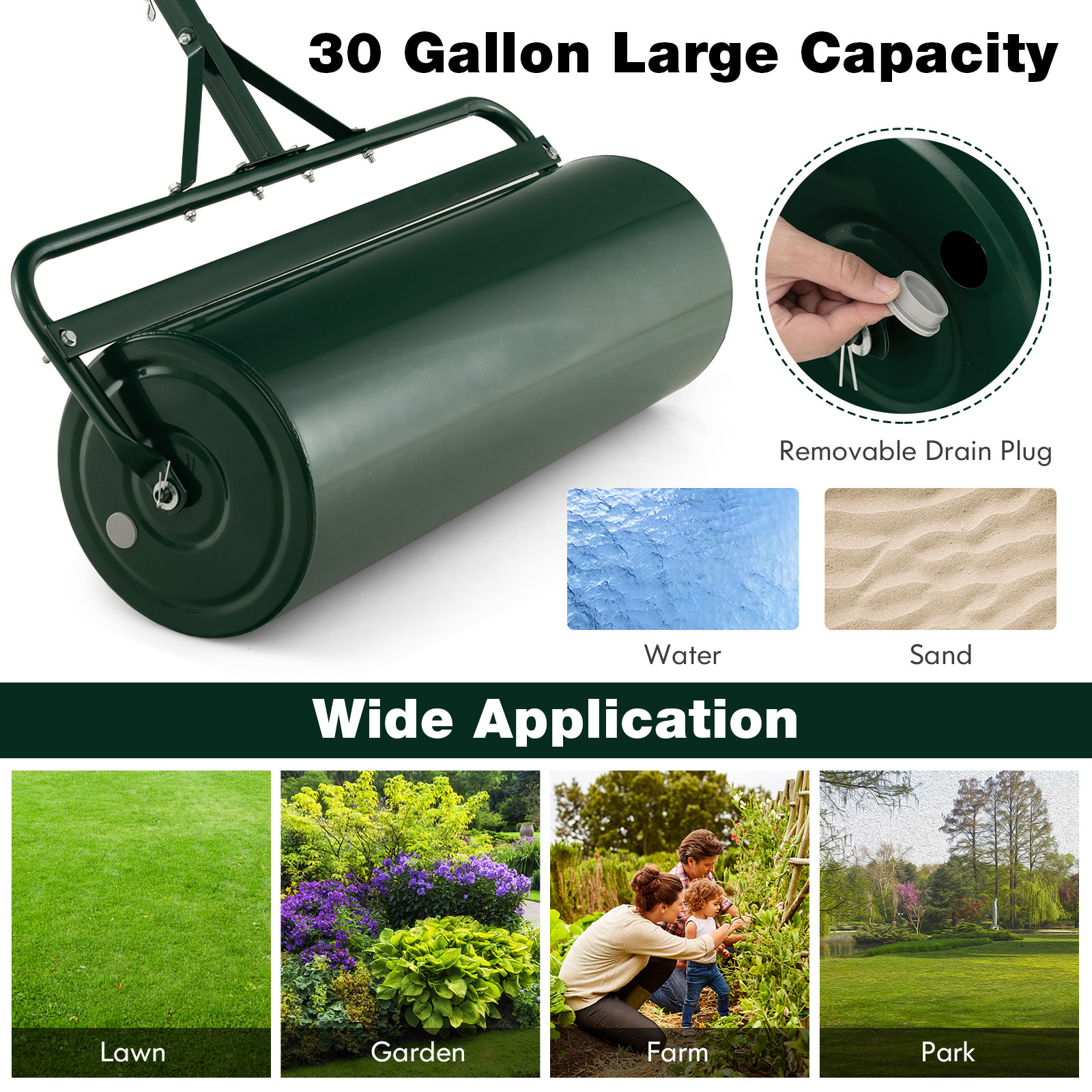 30 Gallon Lawn Roller Metal Sod Drum Roller Tow Behind a Tractor for Garden Farm - Picture 16 of 22