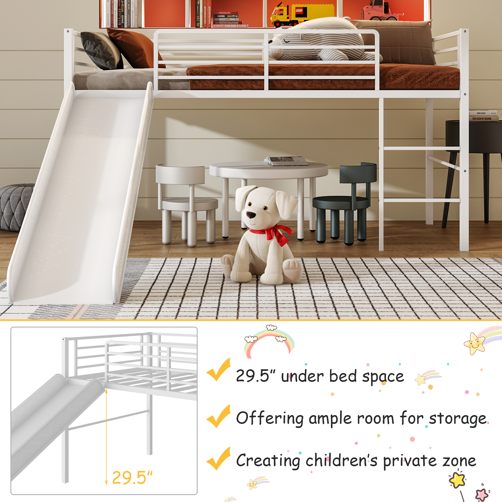 Twin Metal Loft Bed with Slide Guardrails Built-in Ladder Low Bed Frame