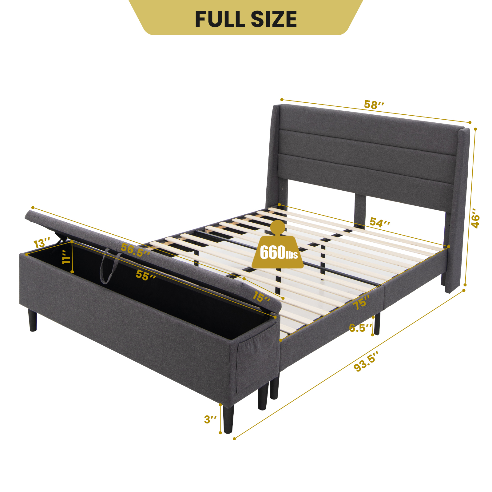 Upholstered Platform Bed Frame with Storage Ottoman Bench Headboard & Footboard - Picture 8 of 12