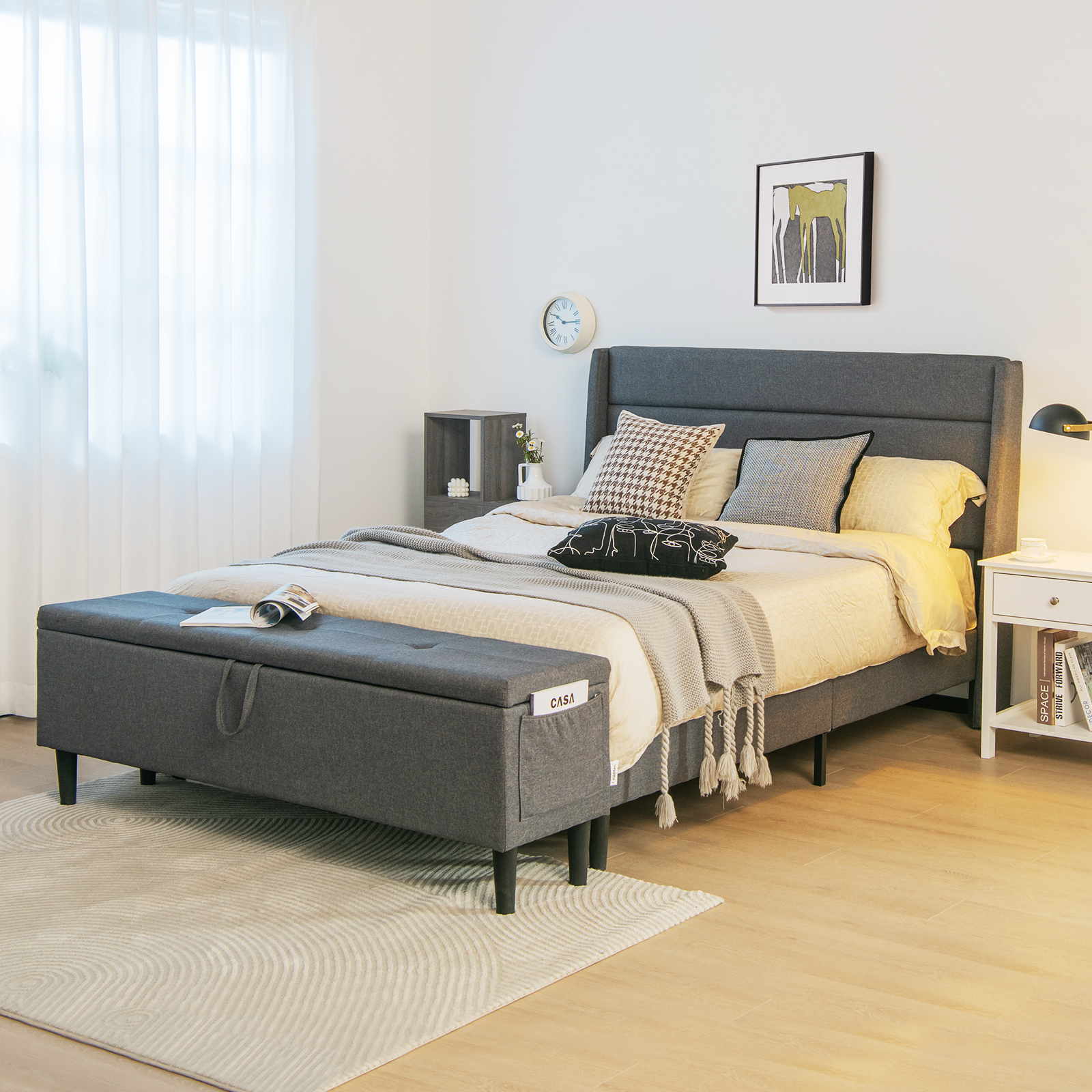 Upholstered Platform Bed Frame with Storage Ottoman Bench Headboard & Footboard - Picture 7 of 12
