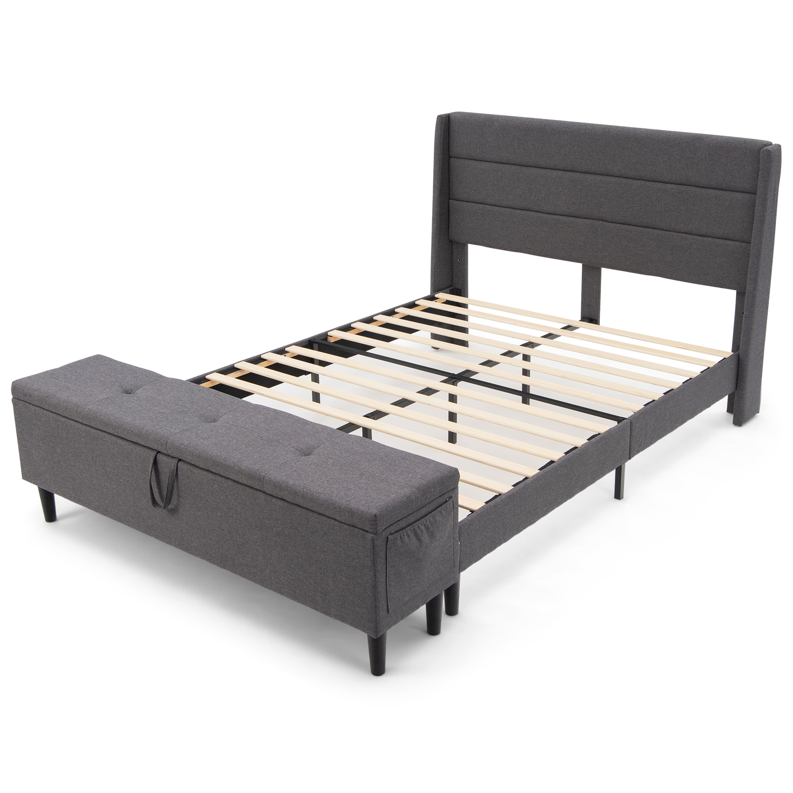 Upholstered Platform Bed Frame with Storage Ottoman Bench Headboard & Footboard - Picture 12 of 12