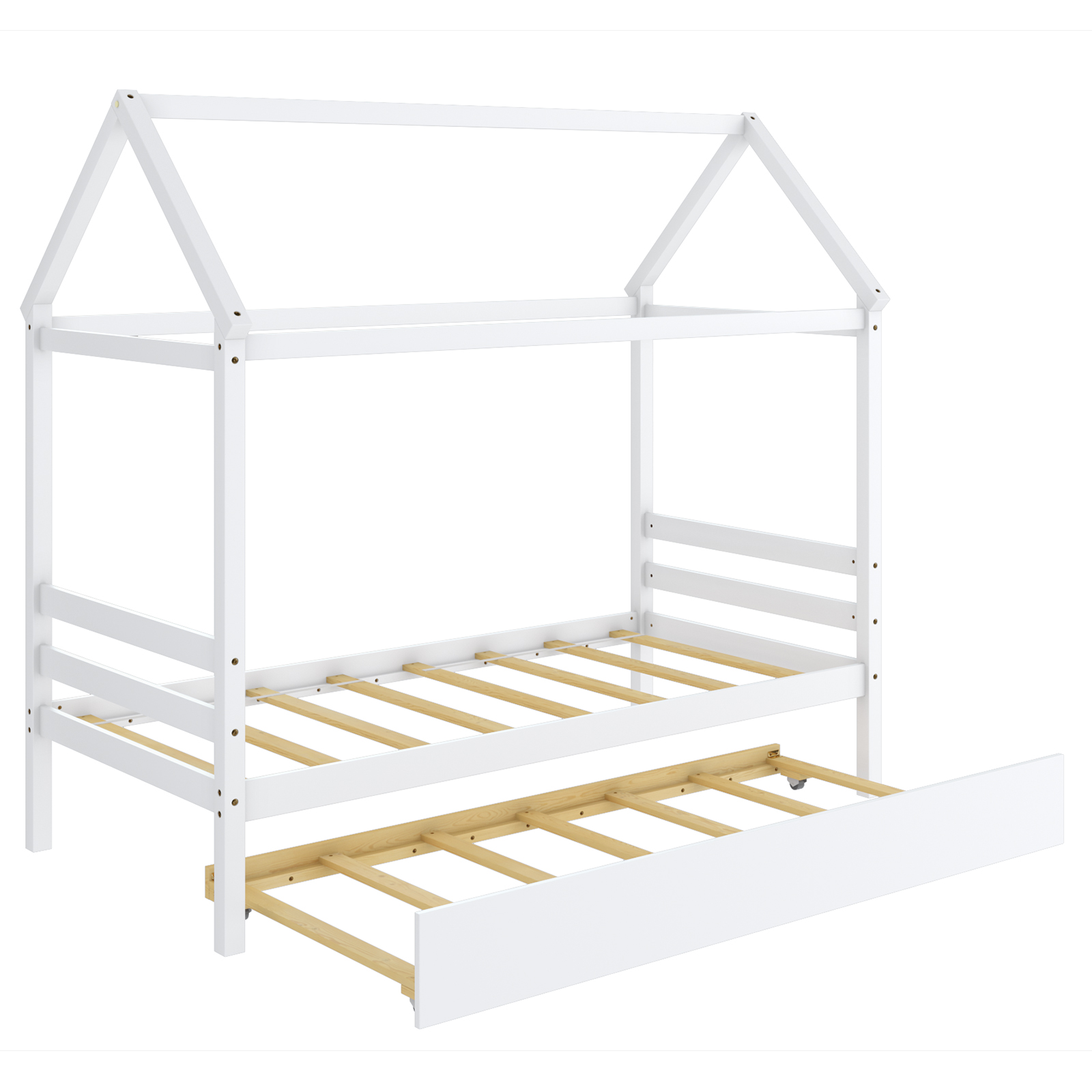Twin House Bed Frame w/ Trundle Roof Wooden Platform Mattress Foundation