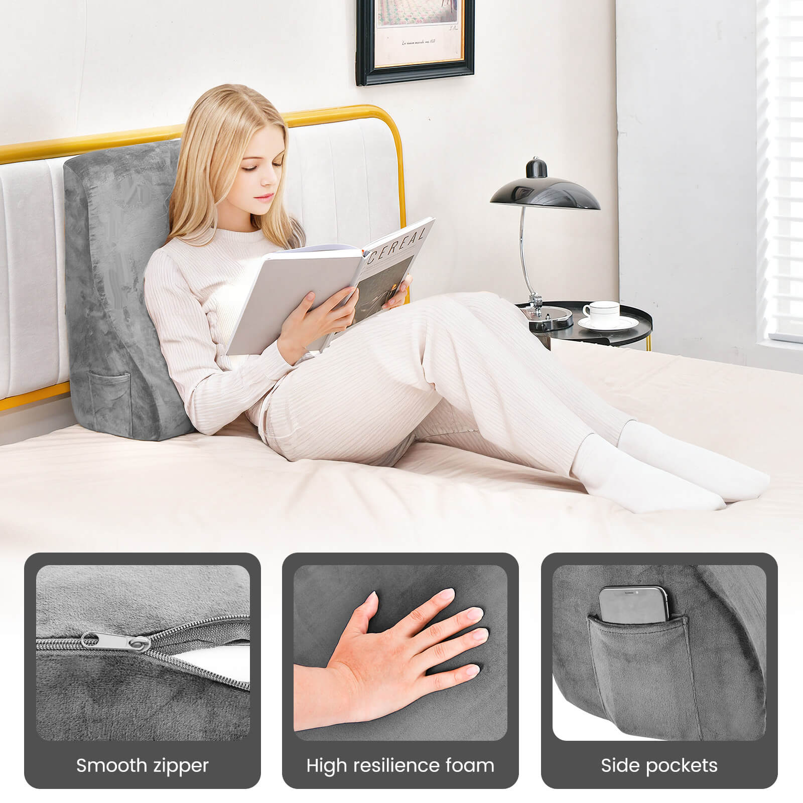 Bed Wedge Pillow w/ Smooth Zipper Side Pockets Support for Back Grey - Picture 6 of 6