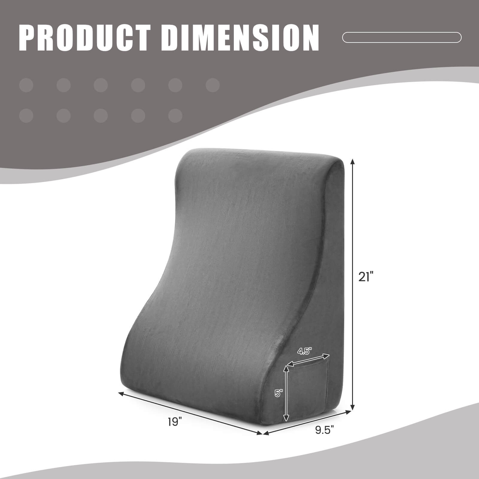 Bed Wedge Pillow w/ Smooth Zipper Side Pockets Support for Back Grey - Picture 2 of 6