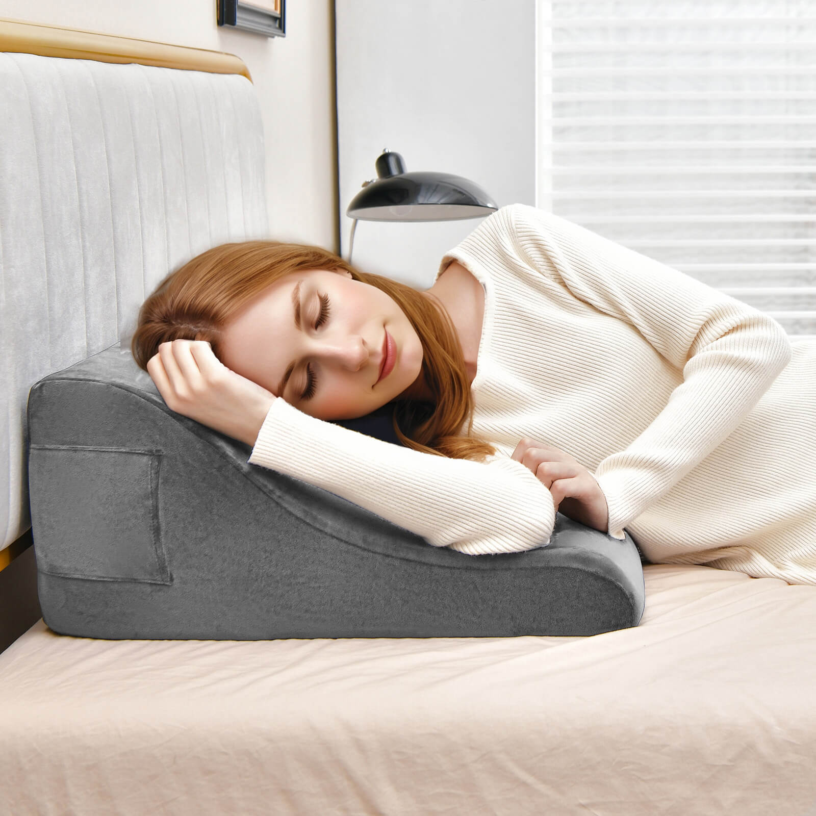 Bed Wedge Pillow w/ Smooth Zipper Side Pockets Support for Back Grey - Picture 3 of 6