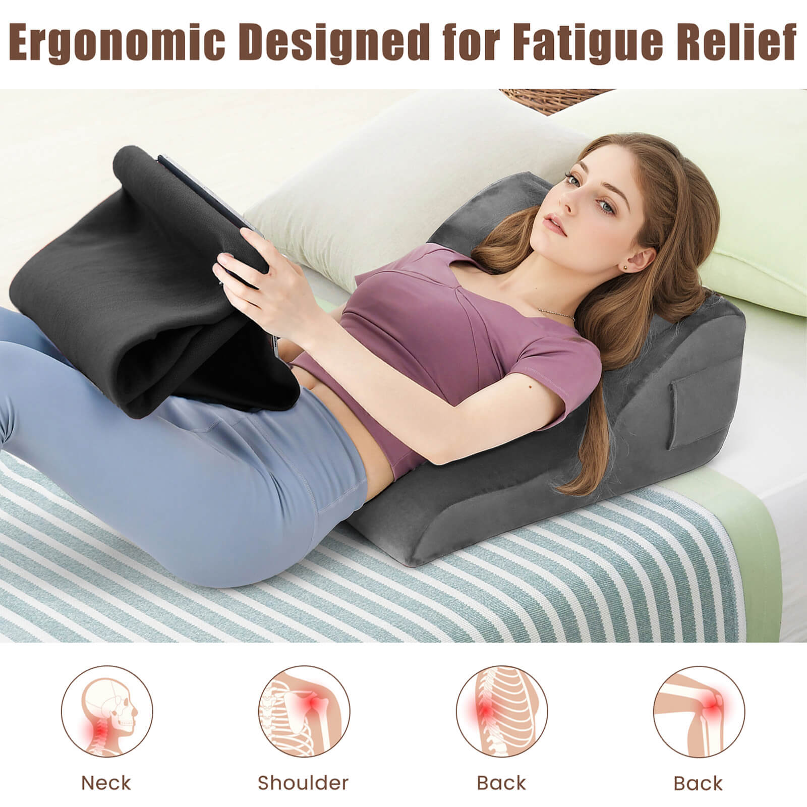 Bed Wedge Pillow w/ Smooth Zipper Side Pockets Support for Back Grey - Picture 4 of 6