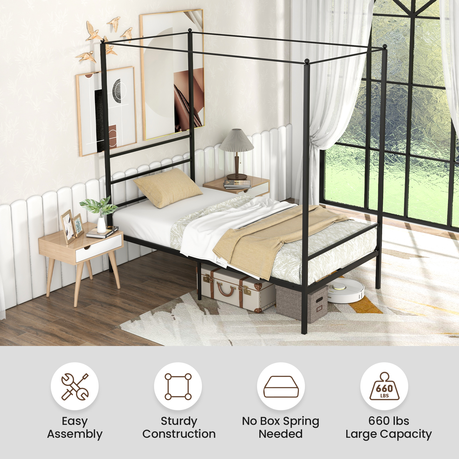 Costway Twin Metal Canopy Platform Bed Frame Mattress Foundation w/ Slat Support
