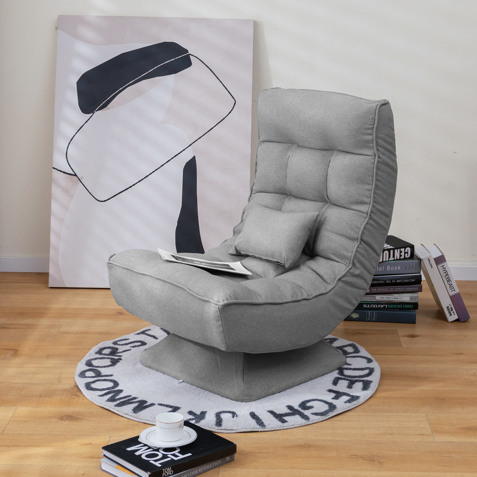 5-Level Adjustable Lazy Chair 360° Swivel Floor Chair w/ Massage Pillow Grey - Picture 3 of 10