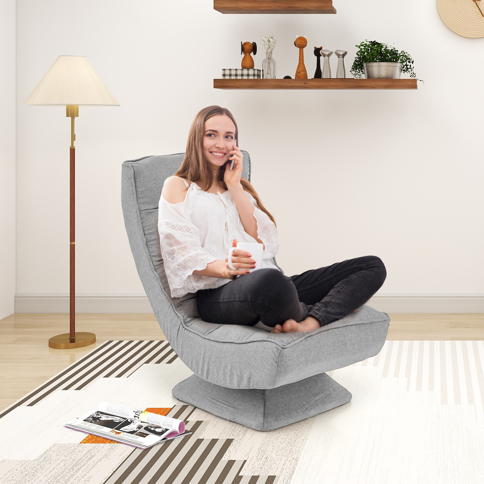 5-Level Adjustable Lazy Chair 360° Swivel Floor Chair w/ Massage Pillow Grey - Picture 4 of 10