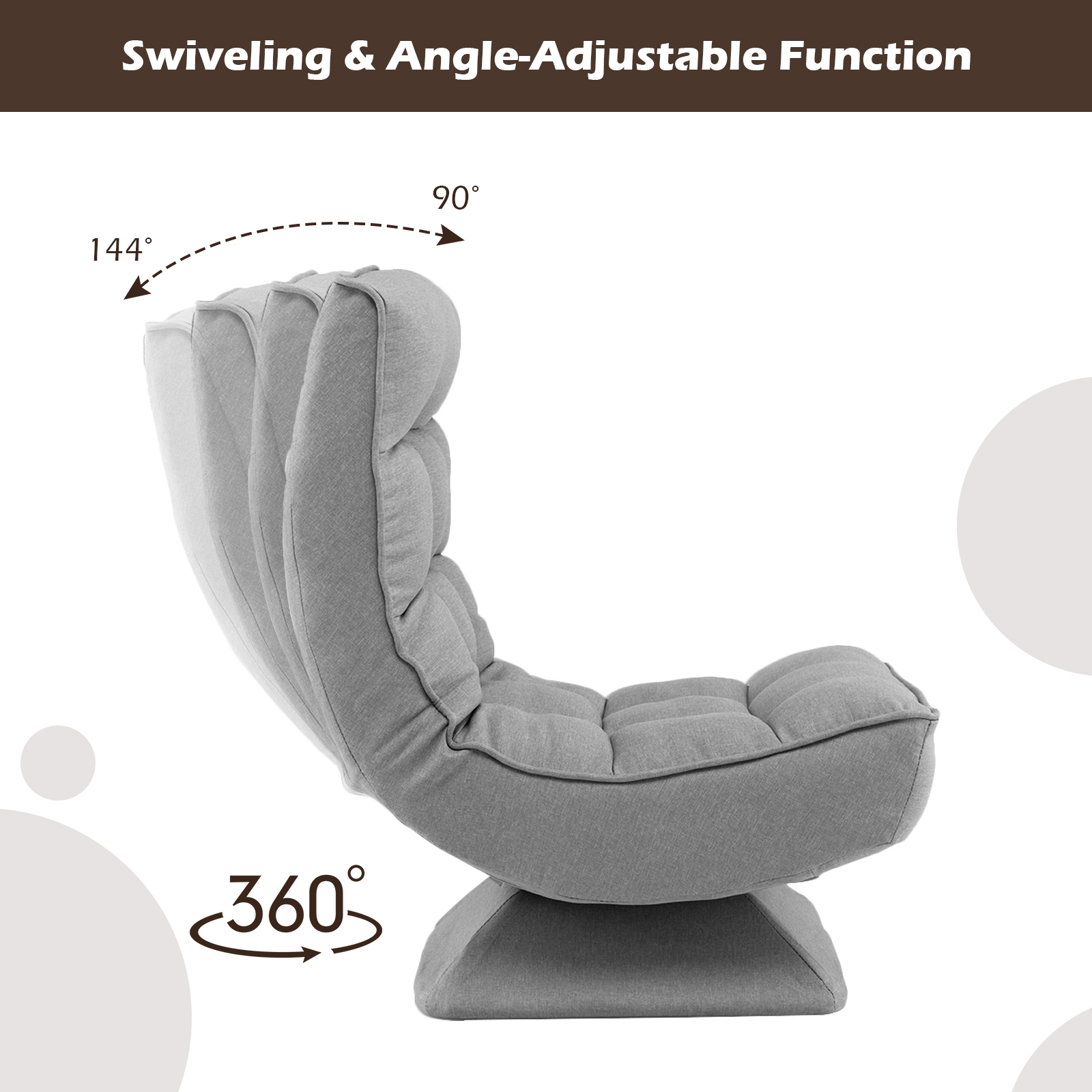 5-Level Adjustable Lazy Chair 360° Swivel Floor Chair w/ Massage Pillow Grey - Picture 5 of 10