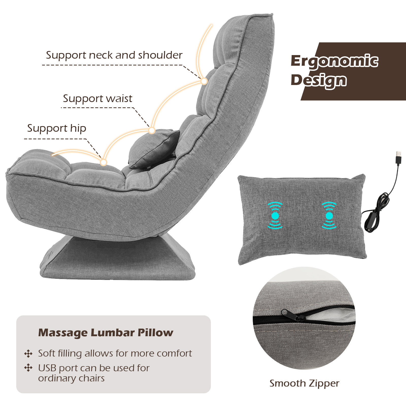 5-Level Adjustable Lazy Chair 360° Swivel Floor Chair w/ Massage Pillow Grey - Picture 6 of 10
