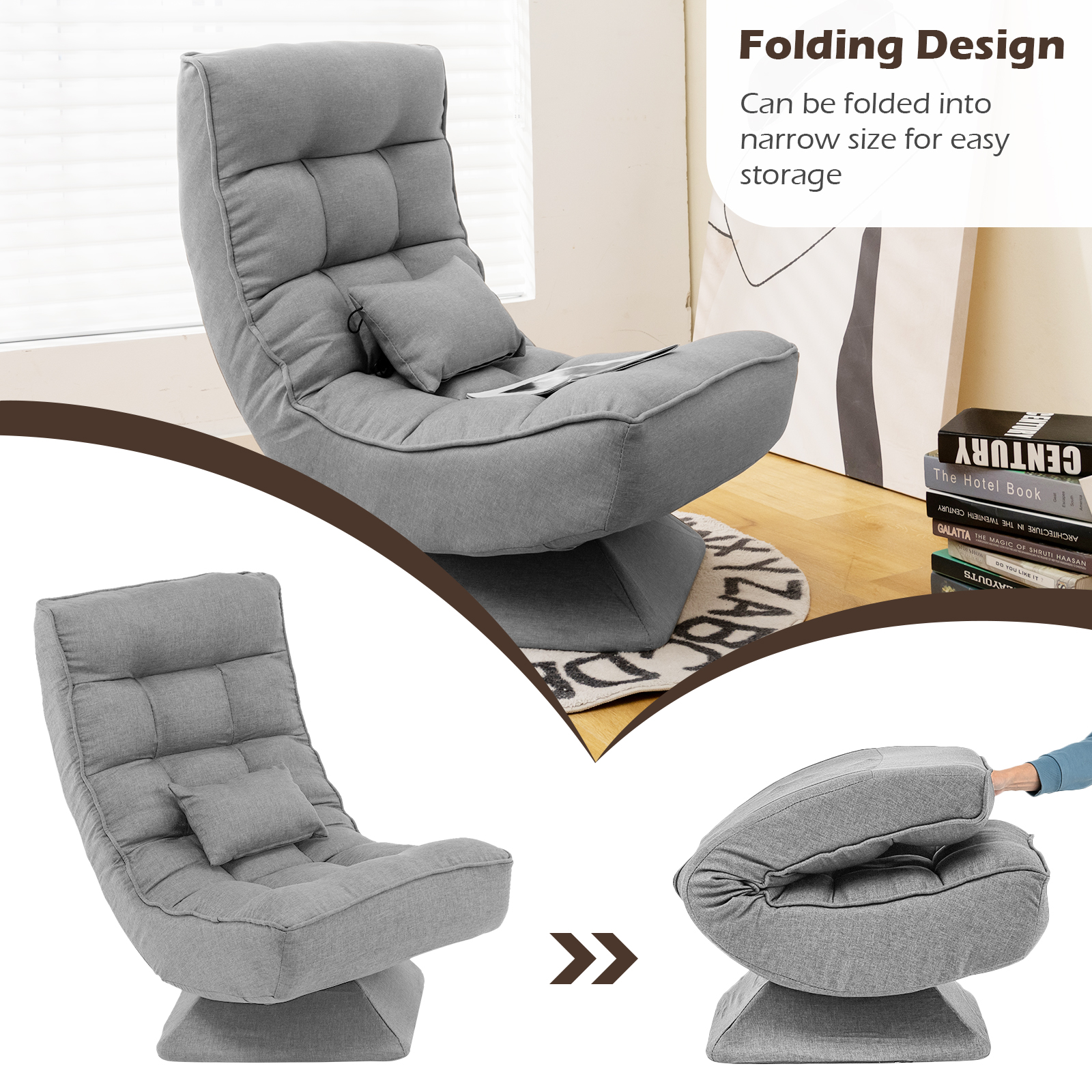 5-Level Adjustable Lazy Chair 360° Swivel Floor Chair w/ Massage Pillow Grey - Picture 7 of 10
