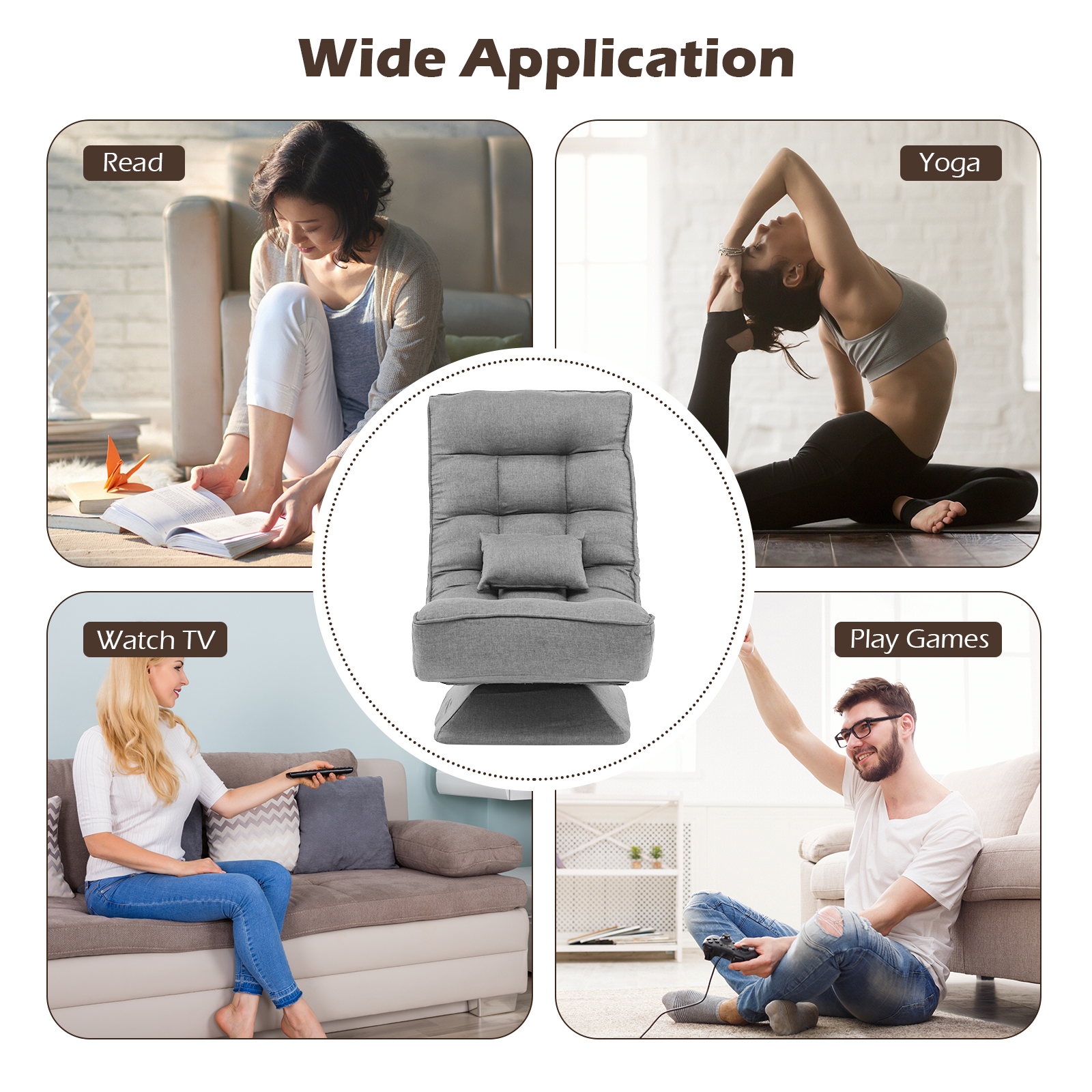 5-Level Adjustable Lazy Chair 360° Swivel Floor Chair w/ Massage Pillow Grey - Picture 8 of 10